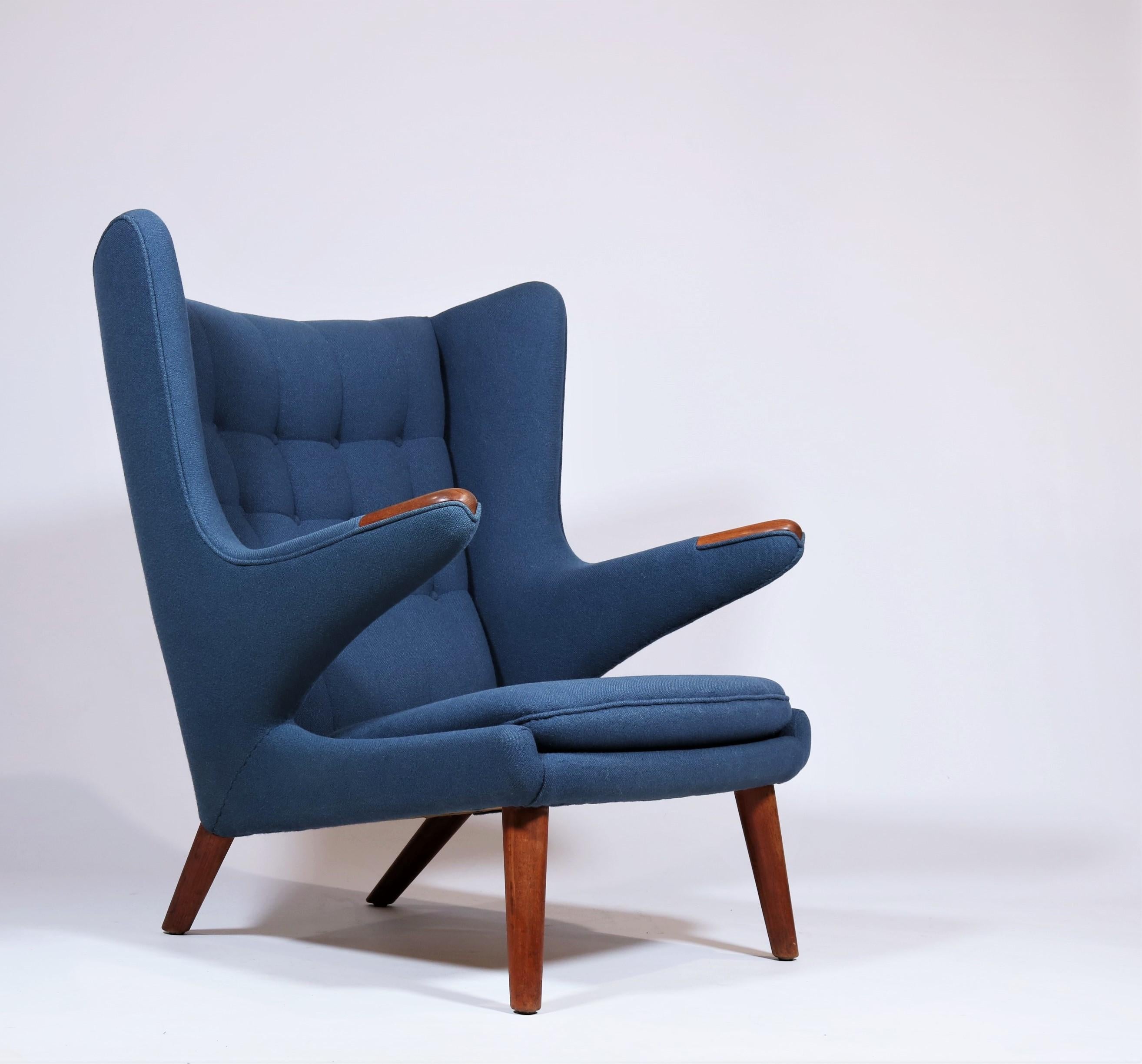 Scandinavian Modern Early Hans J. Wegner Papa Bear Chair in Teak and Blue Hallingdal Wool, 1960s