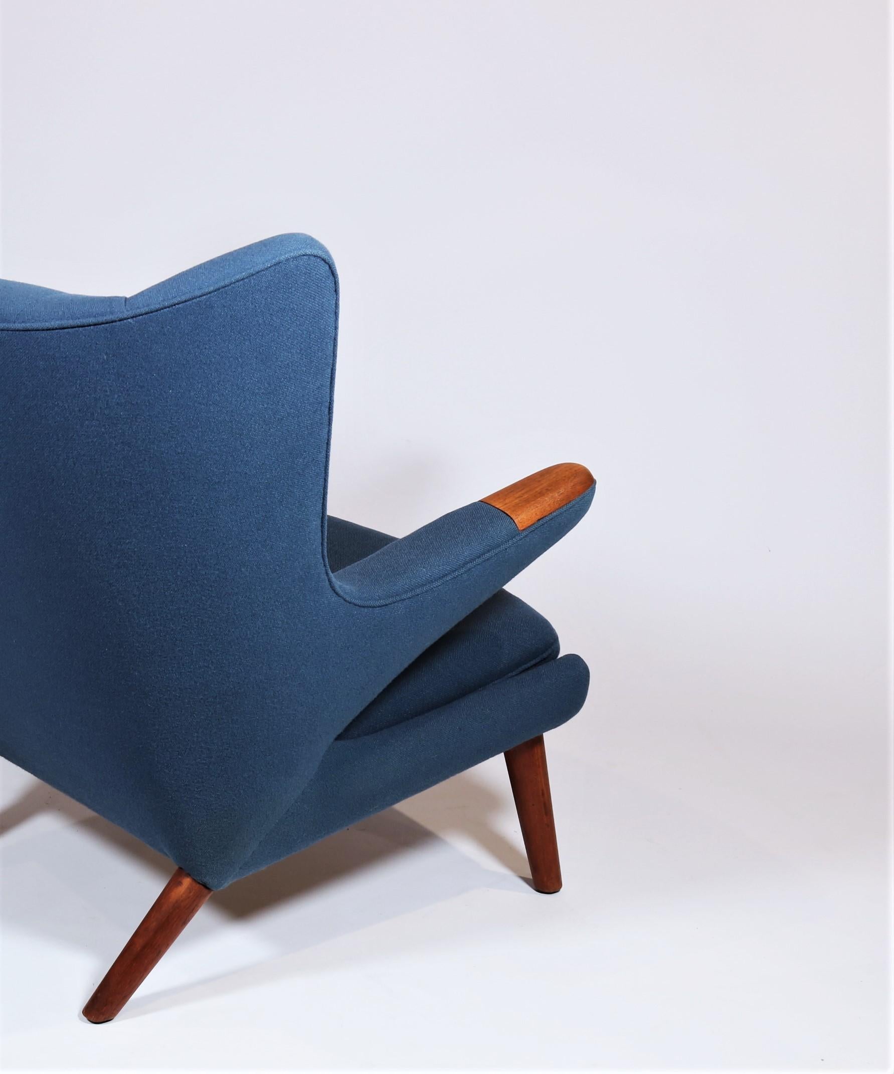 Mid-20th Century Early Hans J. Wegner Papa Bear Chair in Teak and Blue Hallingdal Wool, 1960s