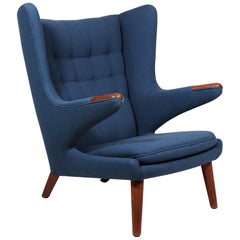 Early Hans J. Wegner Papa Bear Chair in Teak and Blue Hallingdal Wool, 1960s