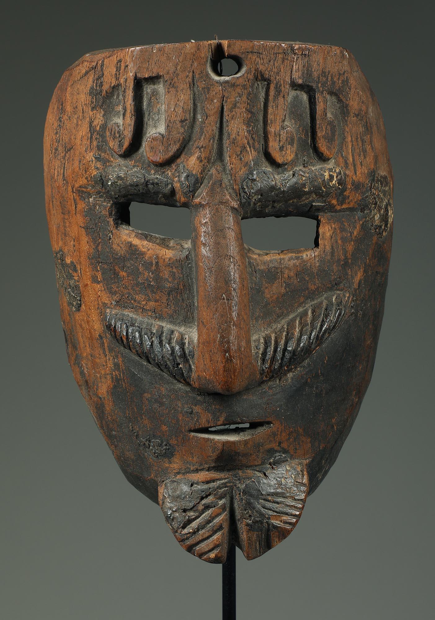 Early Hardwood Mexican Mask, Man With Moustache and Beard early 20th century In Distressed Condition For Sale In Point Richmond, CA