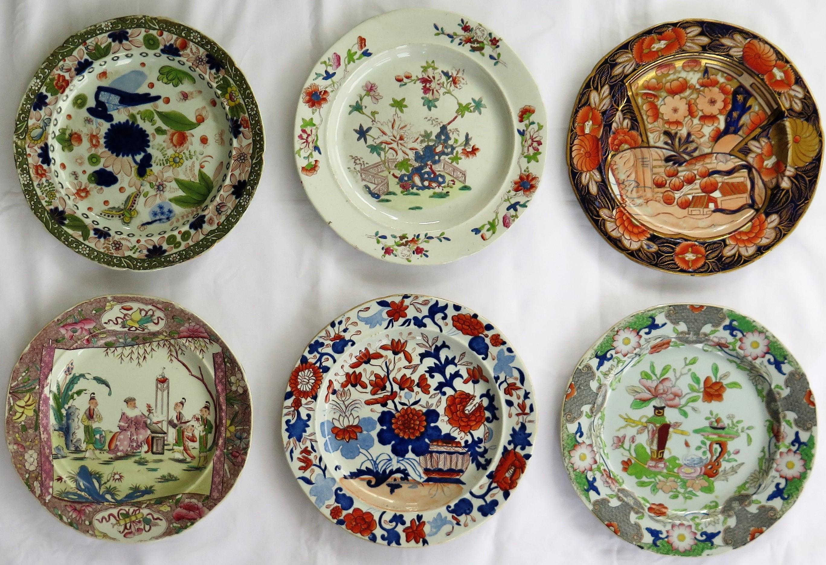 This is a harlequin set of six Mason's Ironstone dinner plates, all dating to the earliest period between 1813 and 1820.

All the plates are circular with a notched rim and of the same nominal size of about 9.5 inches diameter, but have different