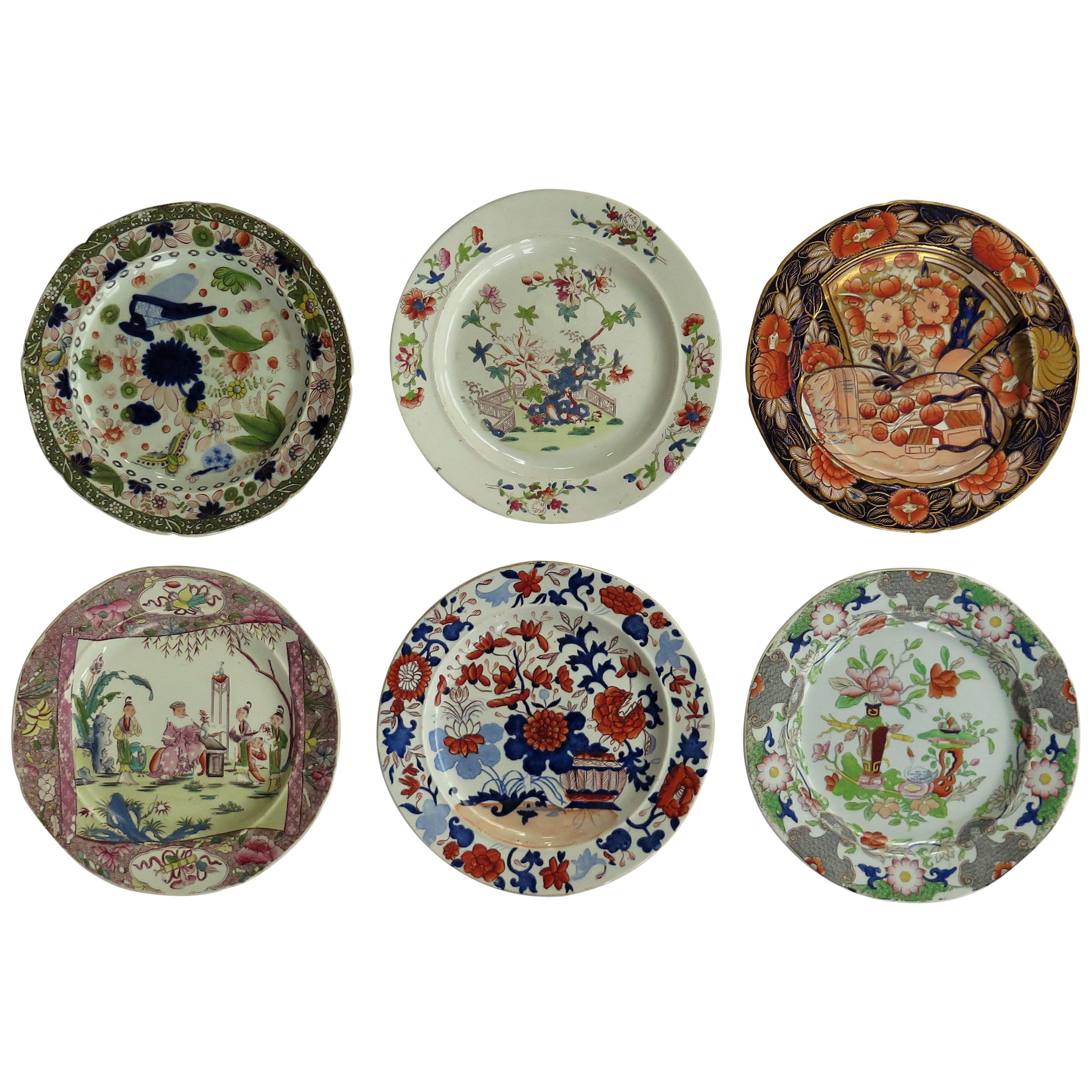 Early Harlequin Set of Six Masons Ironstone Dinner Plates, Some Rare Patterns