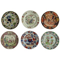 Early Harlequin Set of Six Masons Ironstone Dinner Plates, Some Rare Patterns