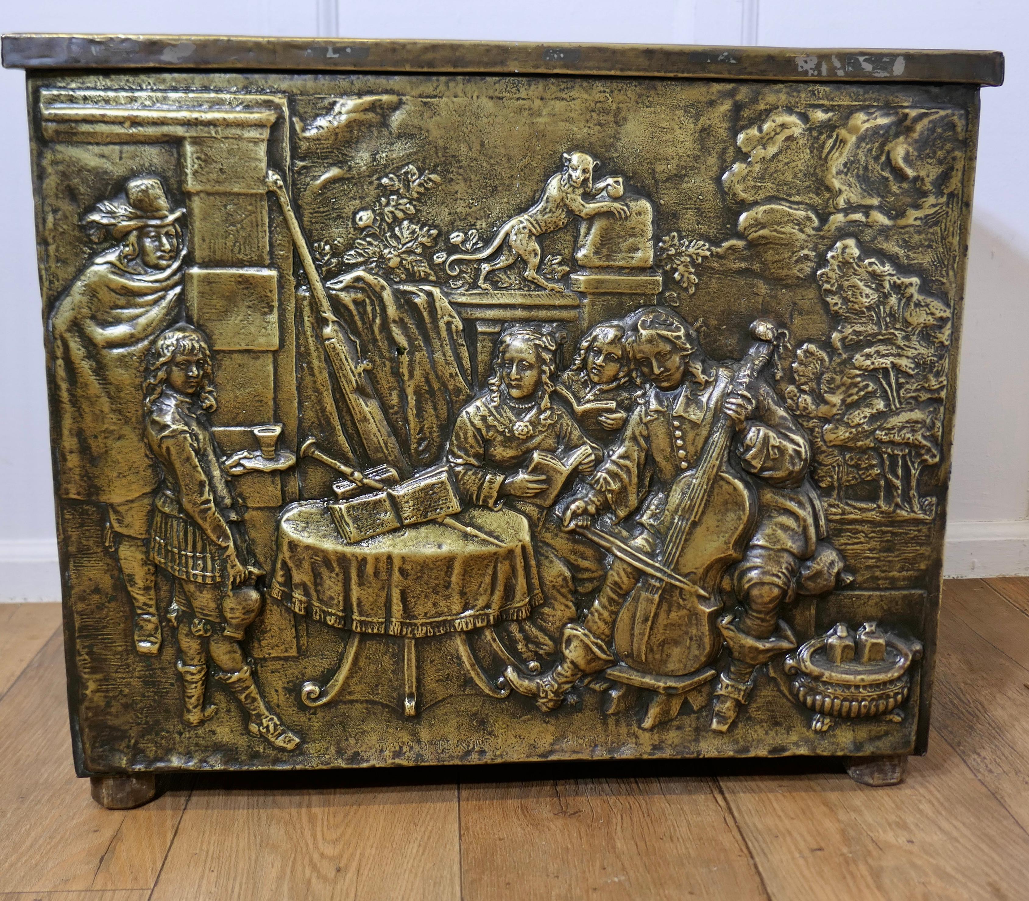 Gothic Early Heavily Embossed Brass Box  This is a large and heavy chest For Sale