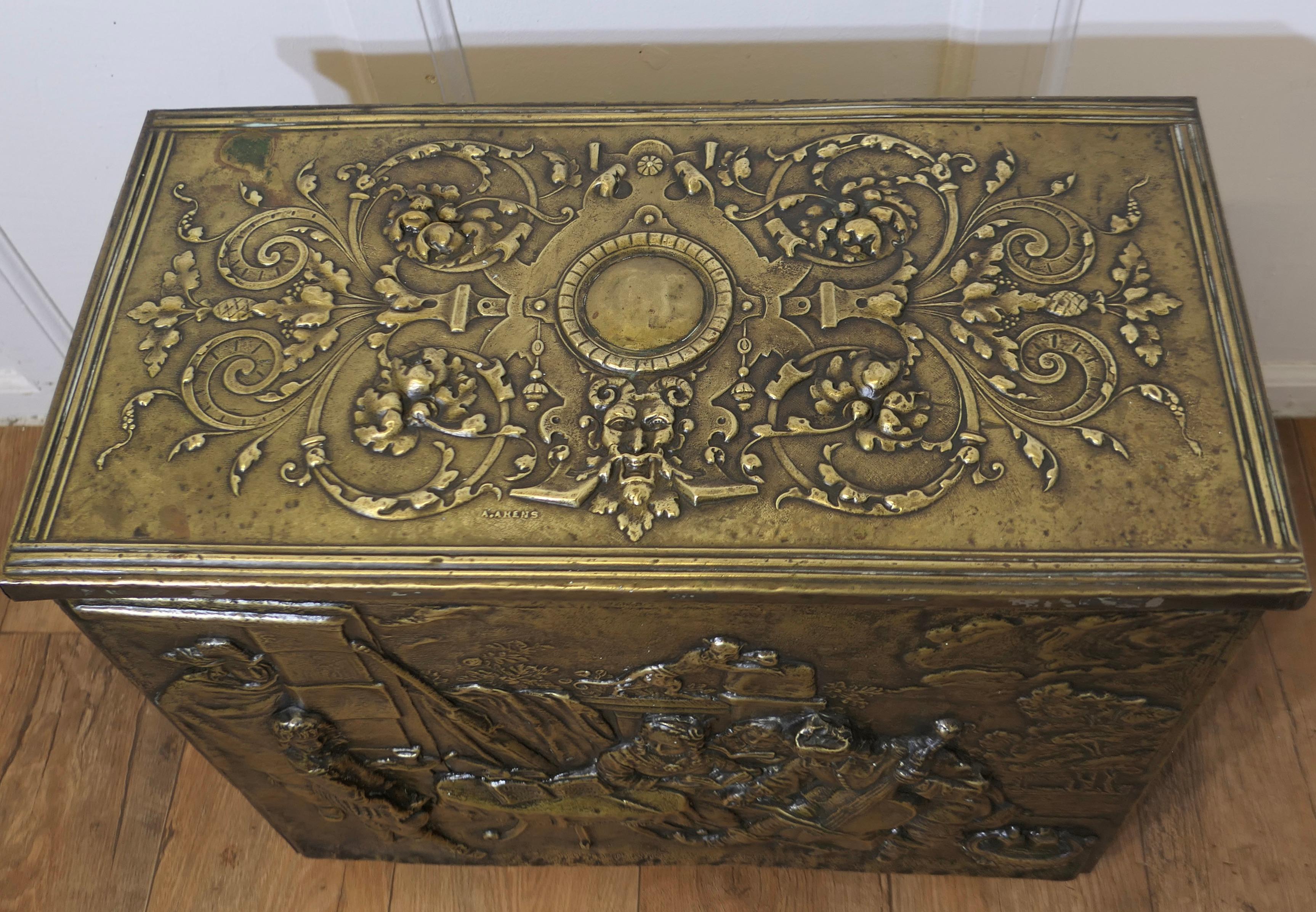 Early Heavily Embossed Brass Box  This is a large and heavy chest In Good Condition For Sale In Godshill, Isle of Wight