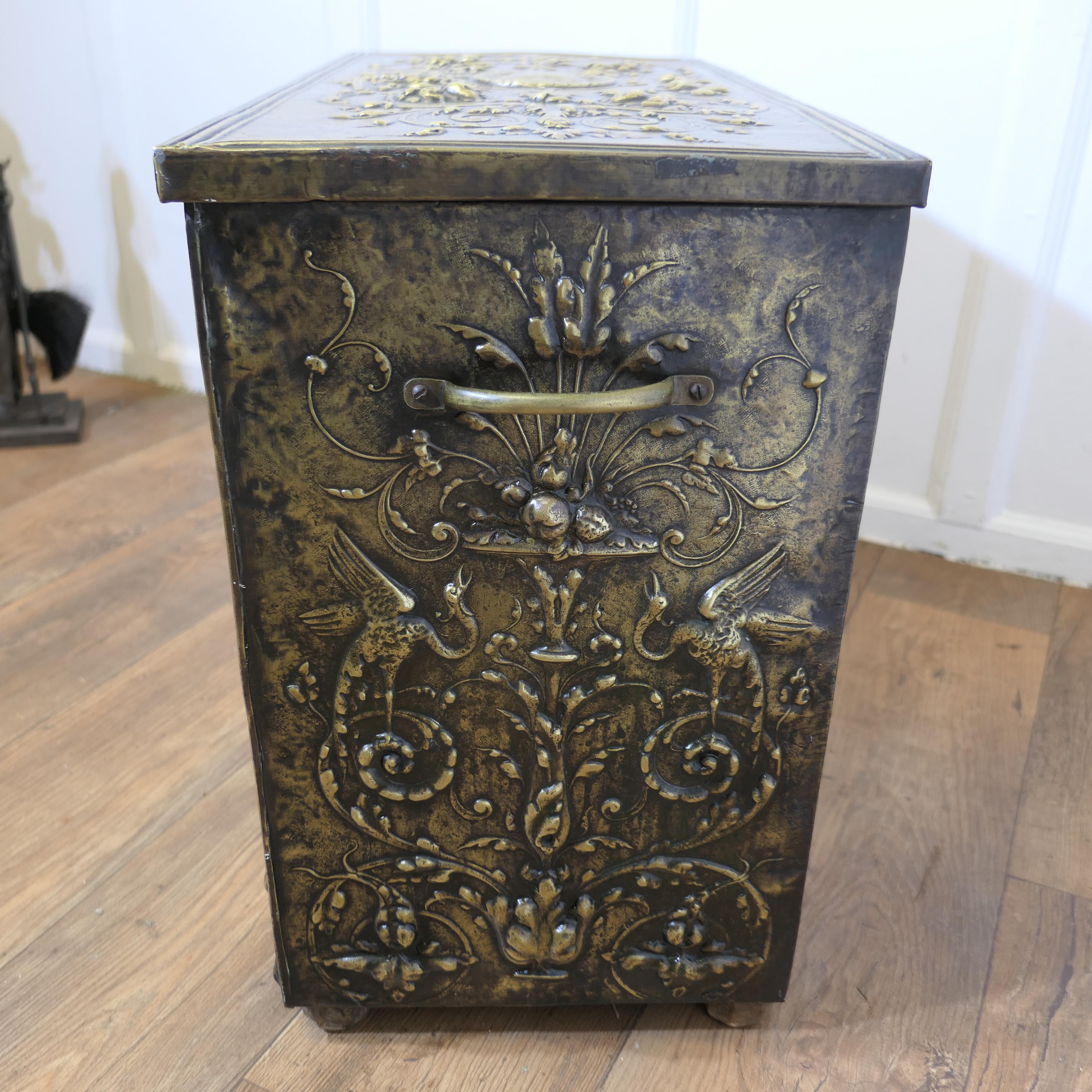 Early 19th Century Early Heavily Embossed Brass Box  This is a large and heavy chest For Sale