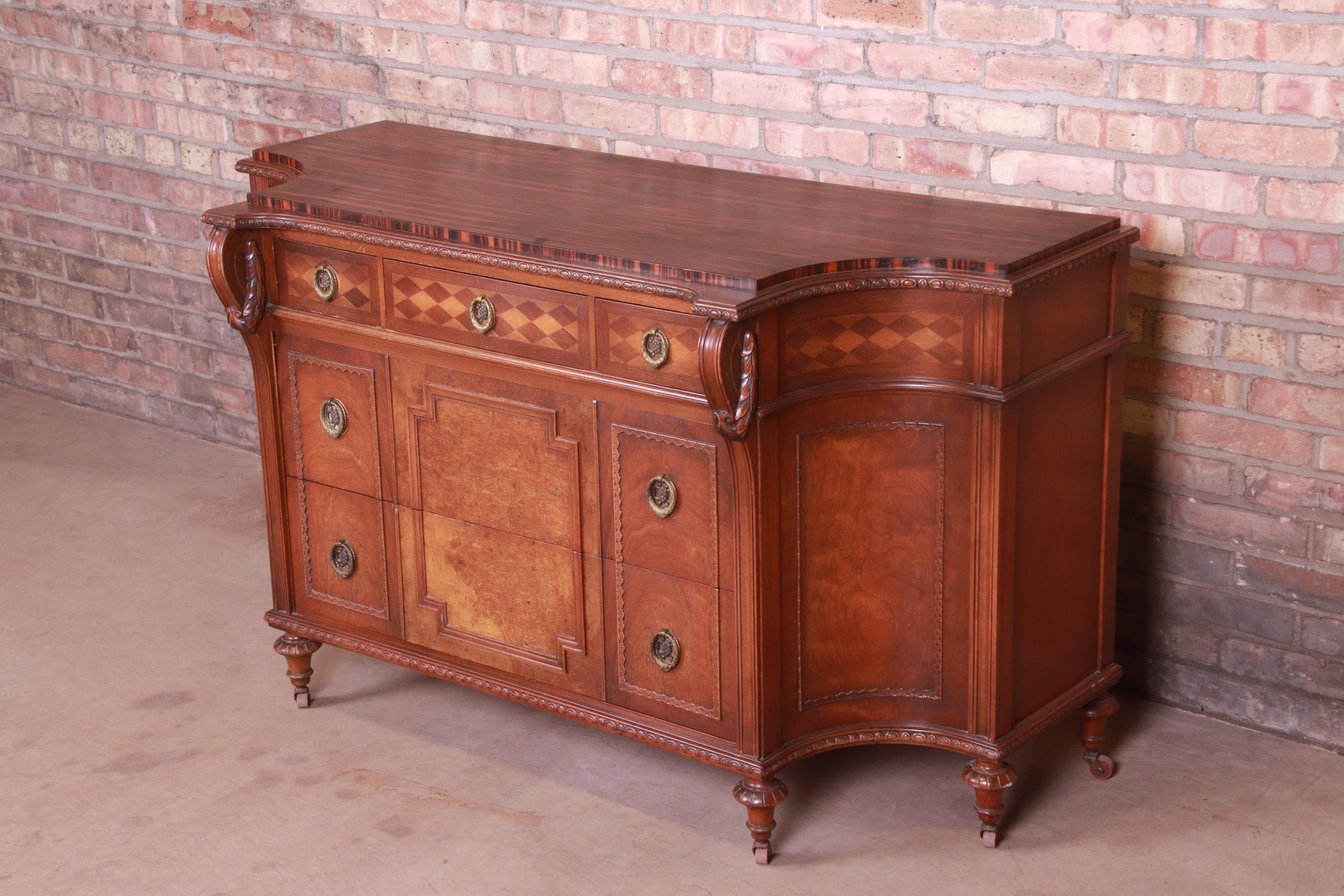 Jacobean Early Herman Miller Burled Walnut Inlaid Commode or Chest of Drawers, 1920s