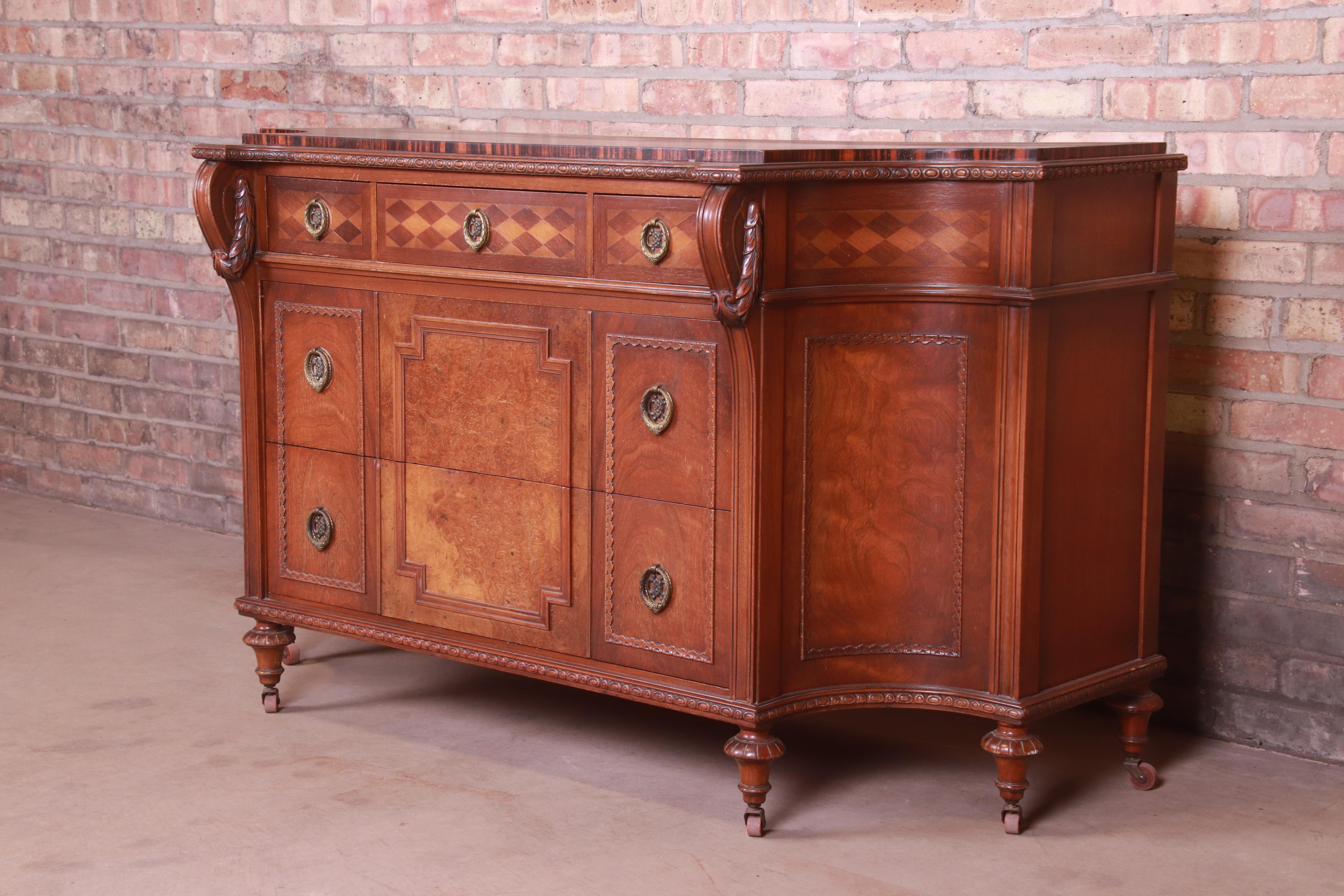 American Early Herman Miller Burled Walnut Inlaid Commode or Chest of Drawers, 1920s