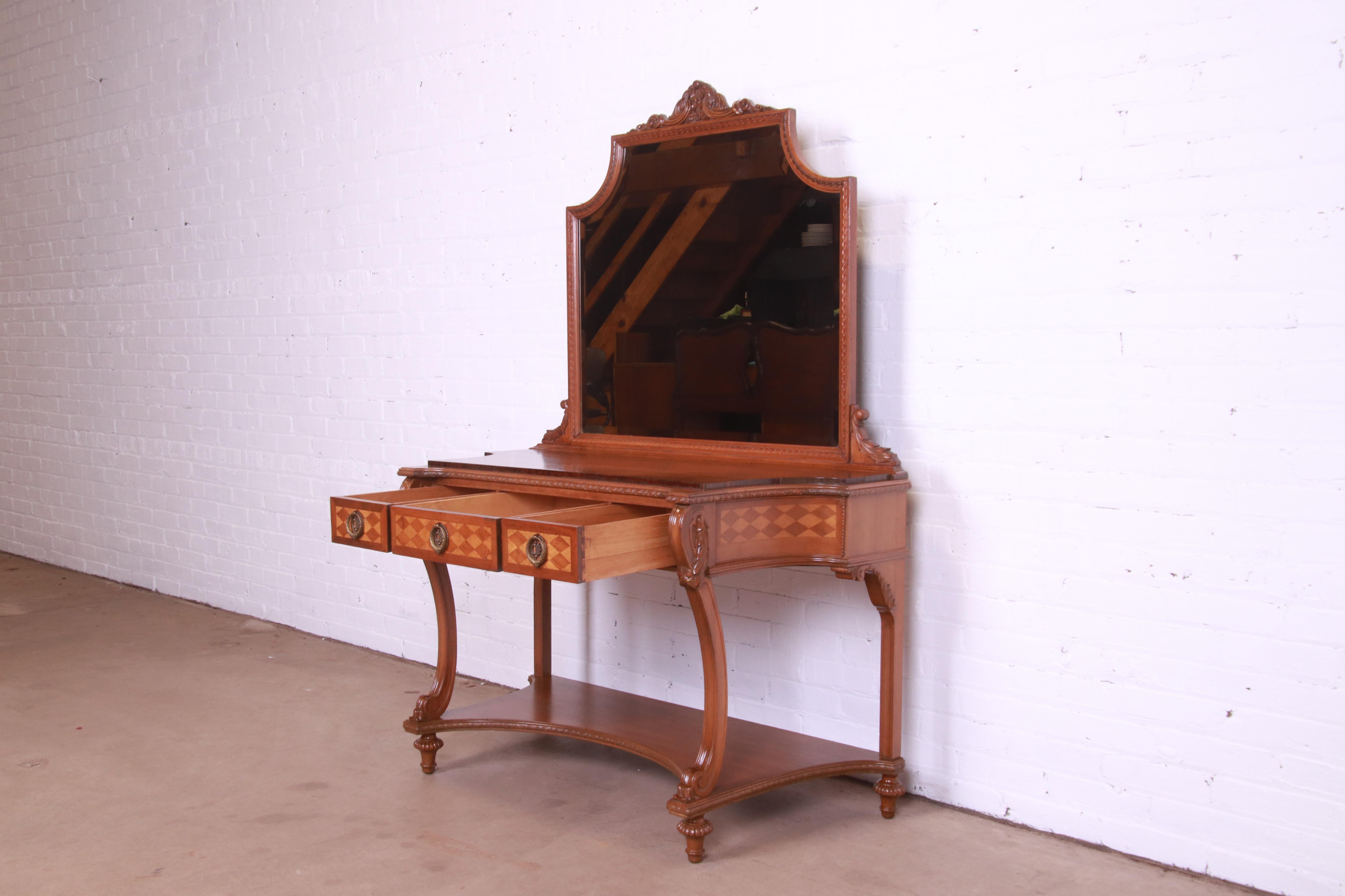 Early Herman Miller French Louis XVI Carved Walnut Vanity with Mirror, 1920s In Good Condition In South Bend, IN