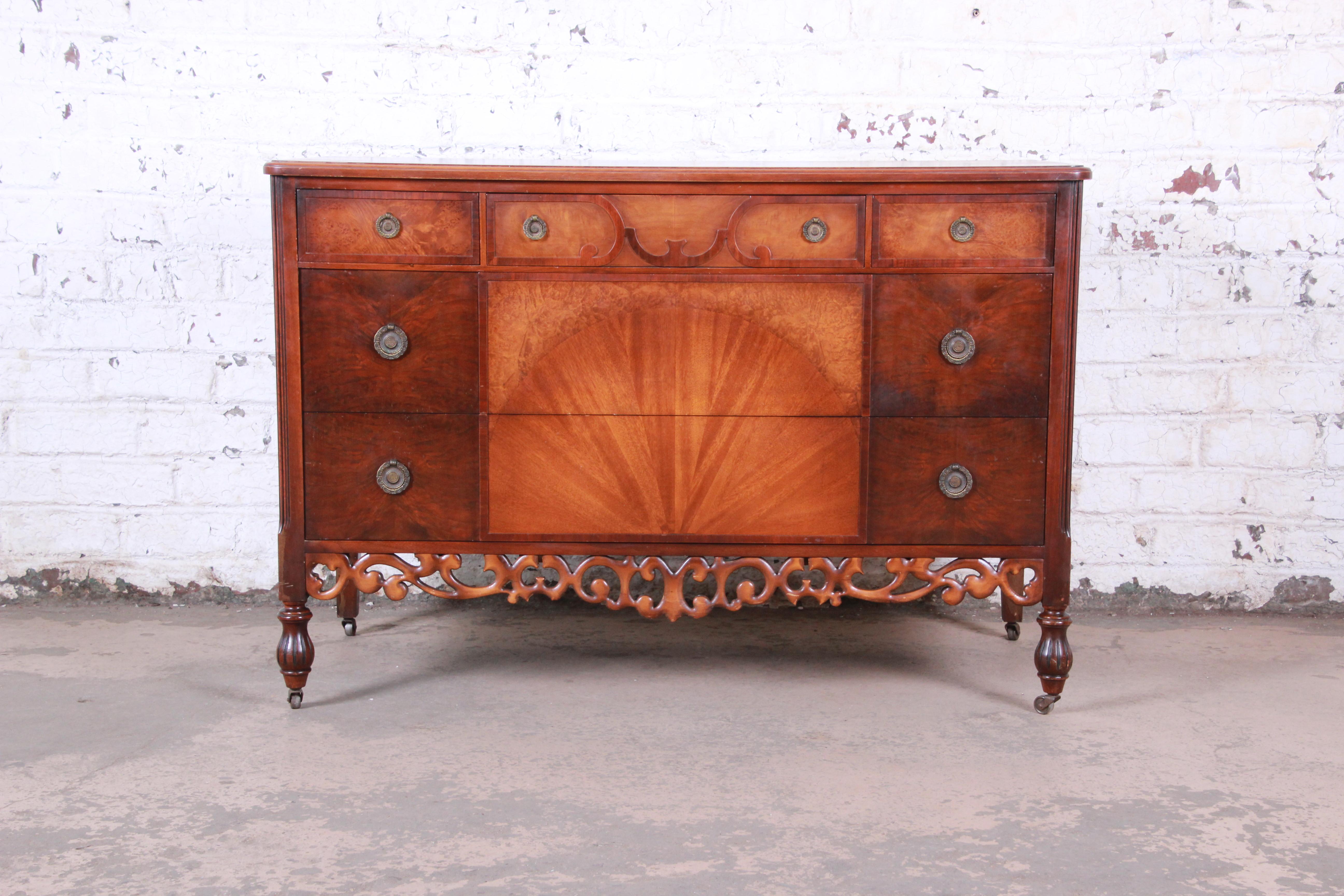 Early Herman Miller Ornate Walnut and Burl Wood Dresser with Mirror, circa 1920s 4