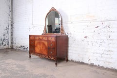 Early Herman Miller Ornate Walnut and Burl Wood Dresser with Mirror, circa 1920s