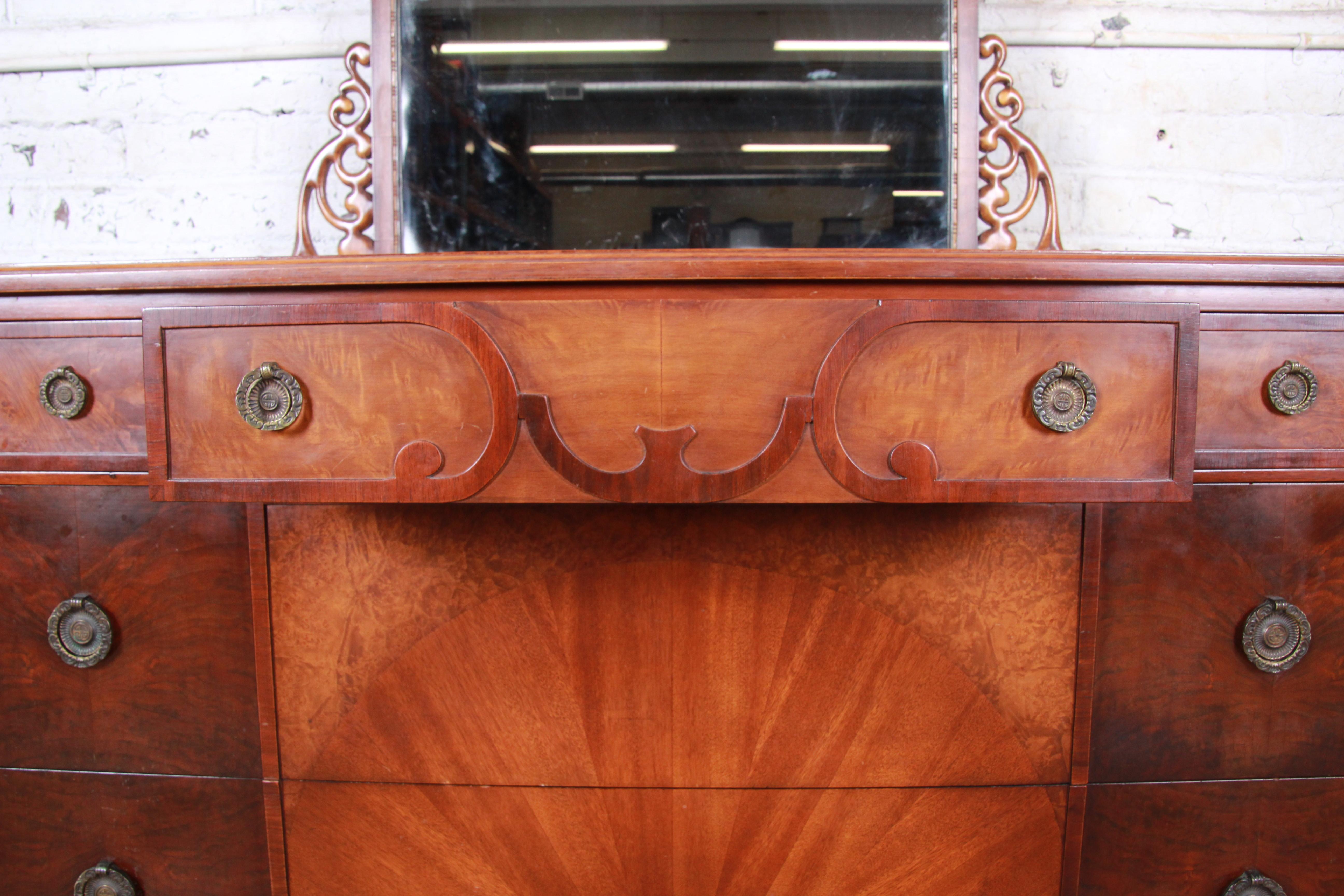 American Early Herman Miller Ornate Walnut and Burl Wood Dresser with Mirror, circa 1920s
