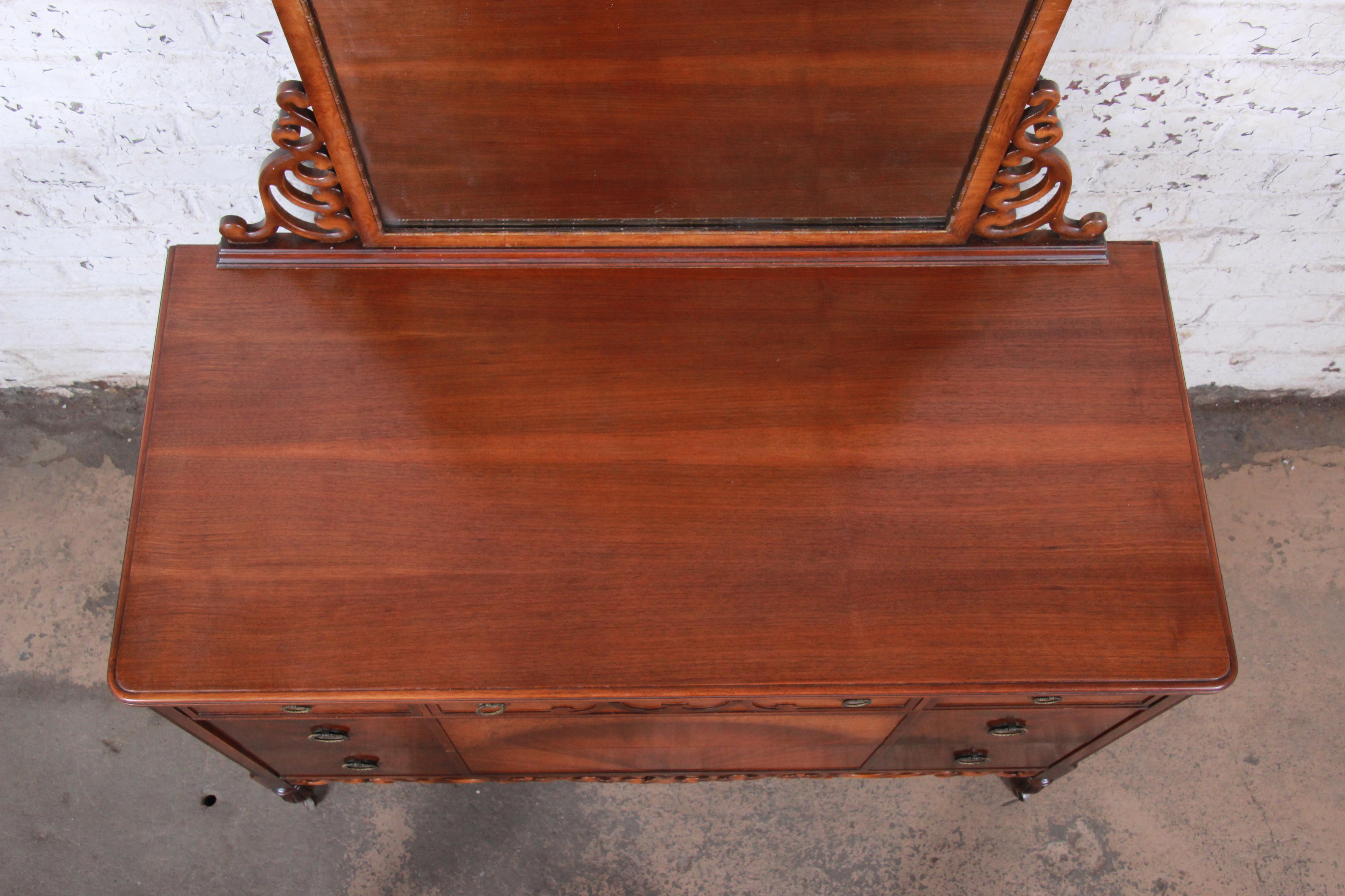 Early 20th Century Early Herman Miller Ornate Walnut and Burl Wood Dresser with Mirror, circa 1920s