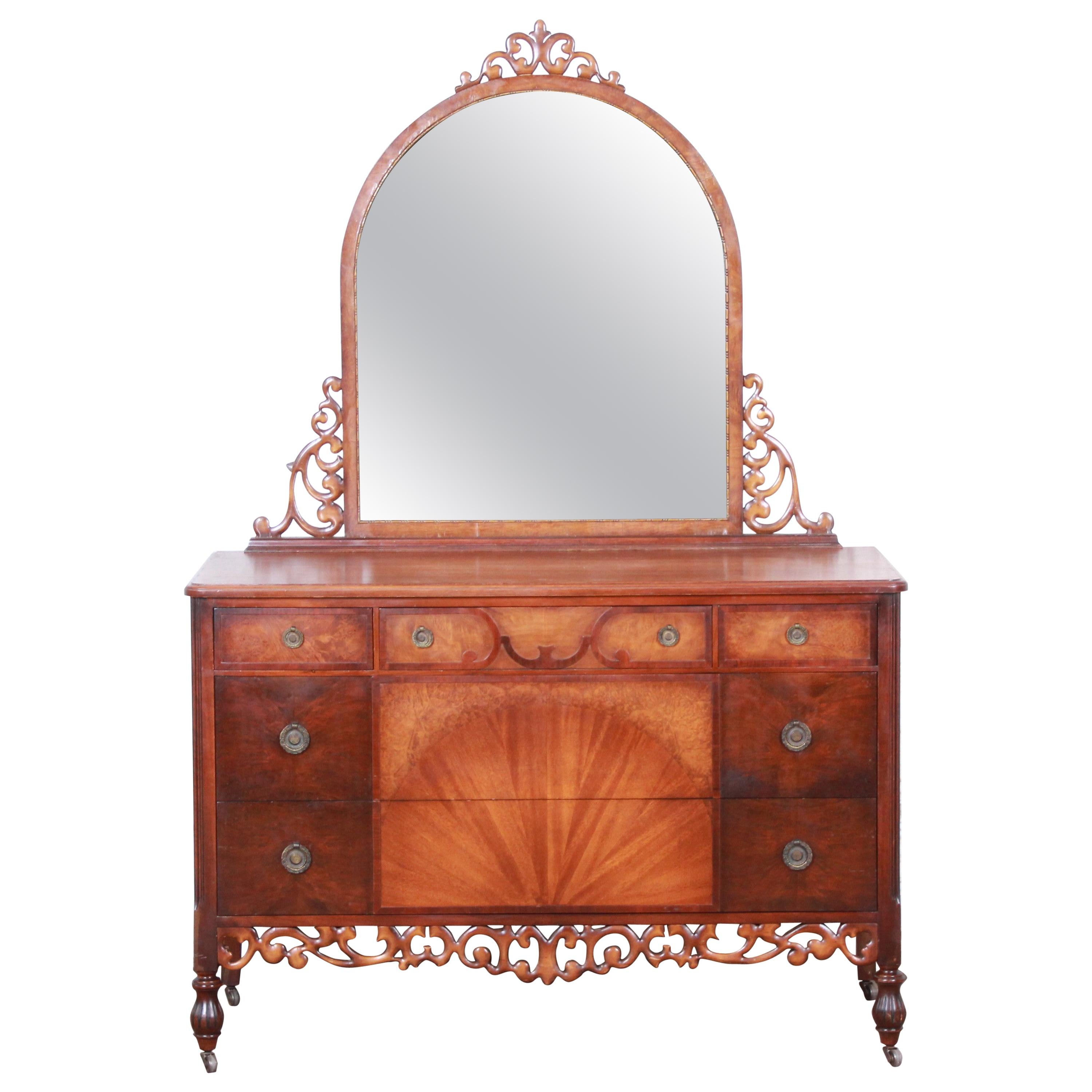 Early Herman Miller Ornate Walnut and Burl Wood Dresser with Mirror, circa 1920s