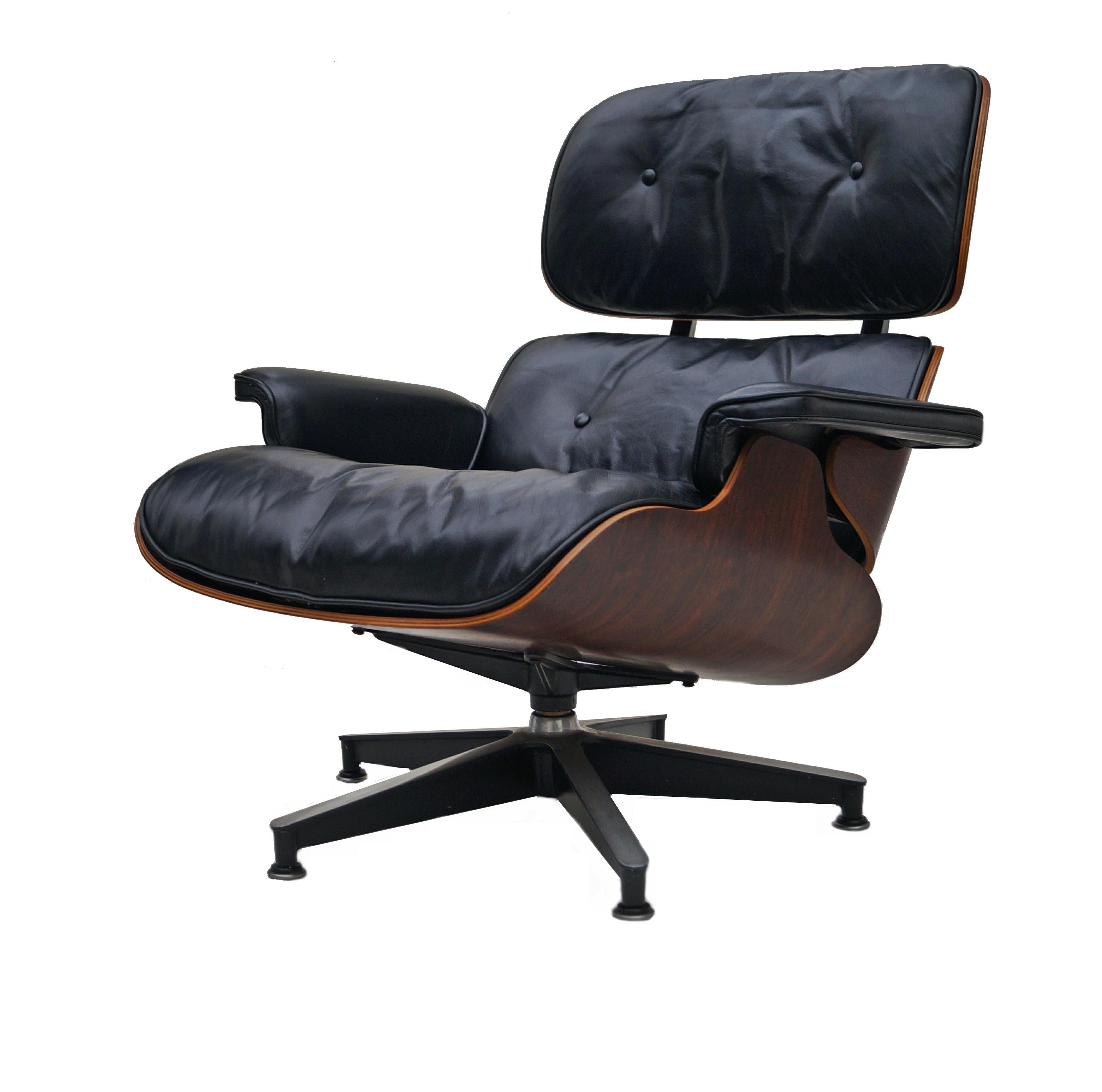 Early Herman Miller Rosewood Charles Eames Black Leather Lounge Chair & Ottoman 1