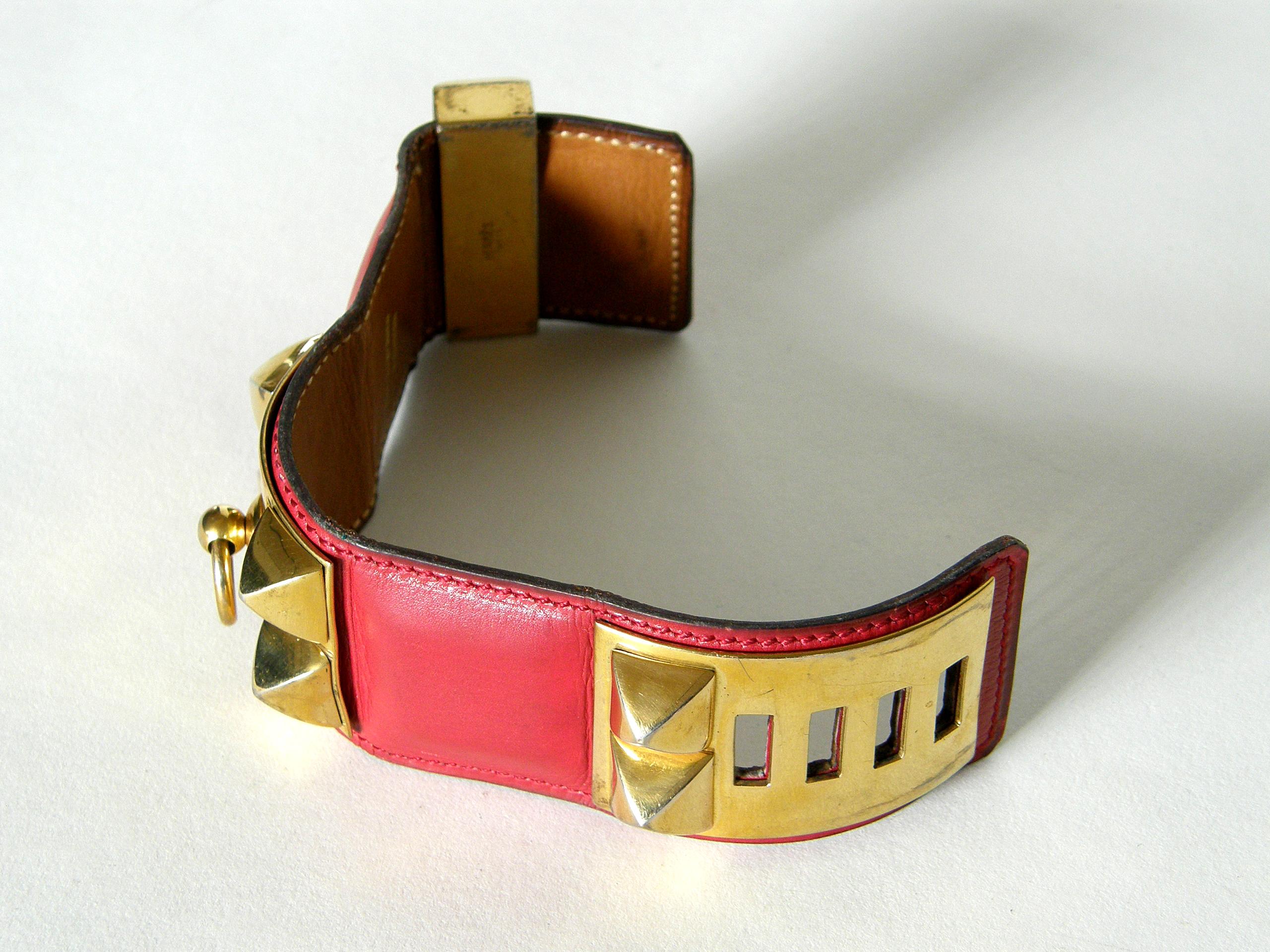 Women's Early Hermès Collier de Chien Cuff Bracelet Red Leather CDC with Gold Hardware For Sale