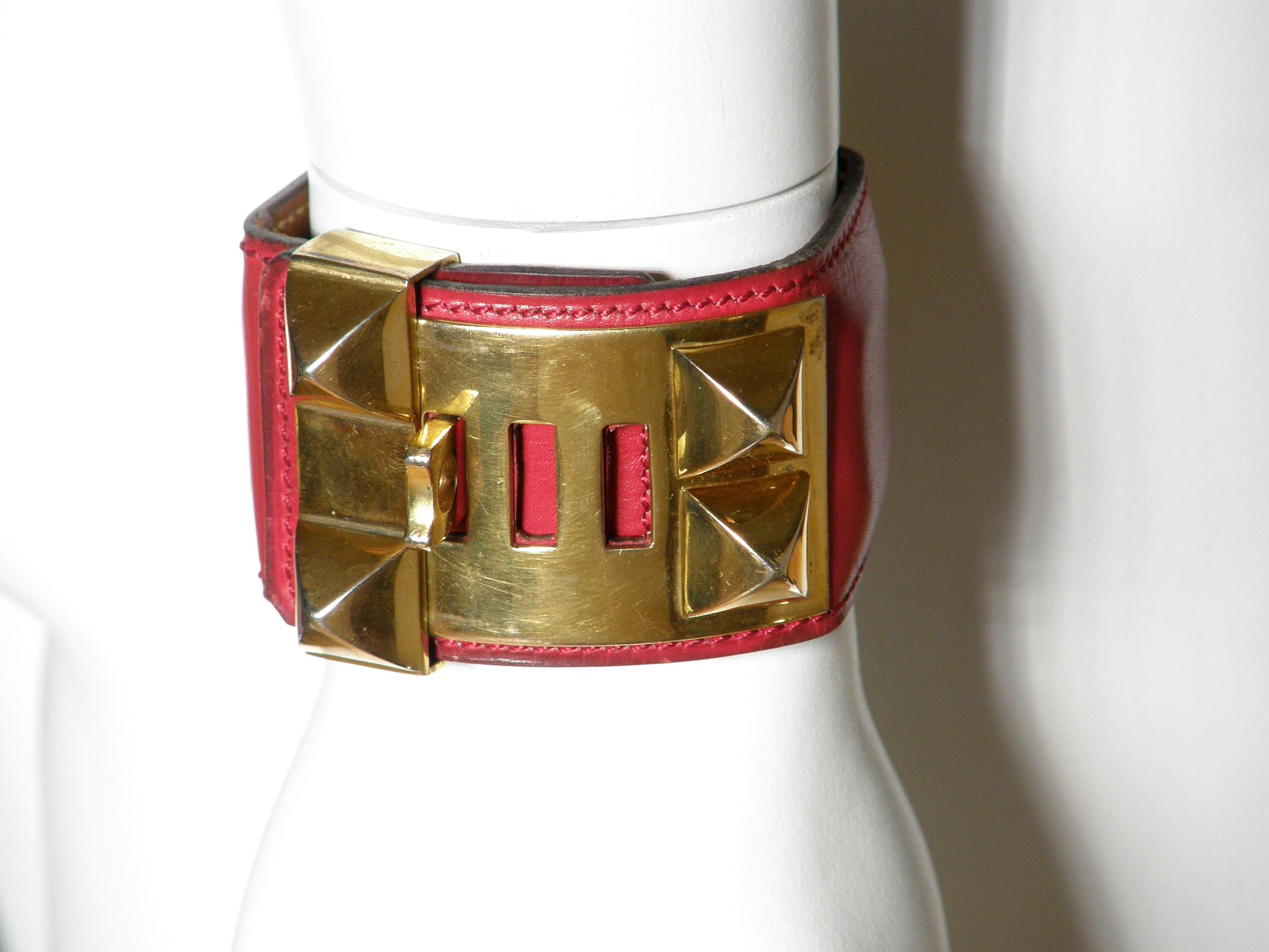 Early Hermès Collier de Chien Cuff Bracelet Red Leather CDC with Gold Hardware For Sale 2