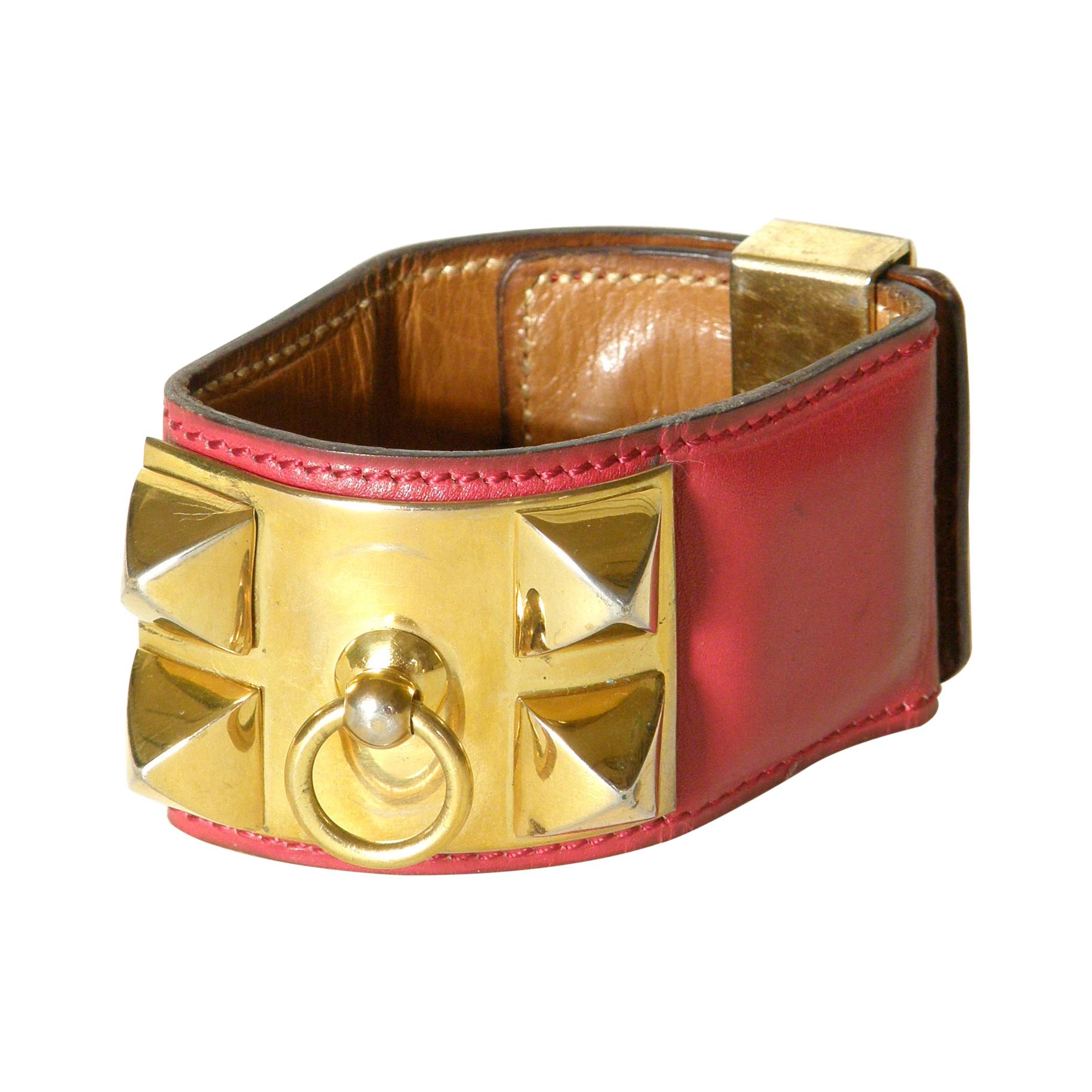Early Hermès Collier de Chien Cuff Bracelet Red Leather CDC with Gold Hardware