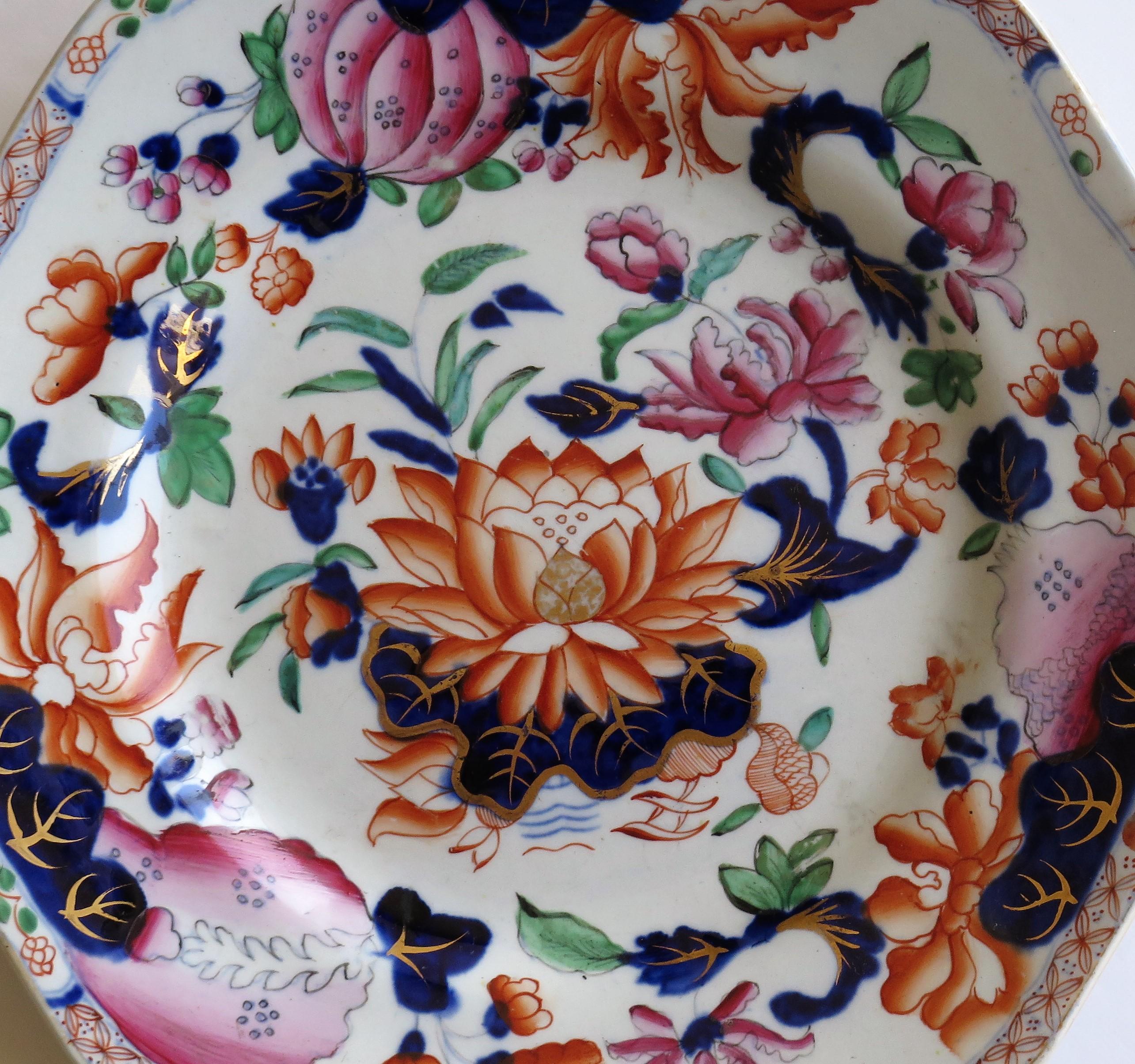 This is a very good hexagonal plate or dish in the Water Lily pattern, made by Hicks and Meigh of Shelton, Staffordshire, England between 1812 and 1822, probably circa 1815.

This is a beautiful plate or dish of a shaped hexagonal form on a raised