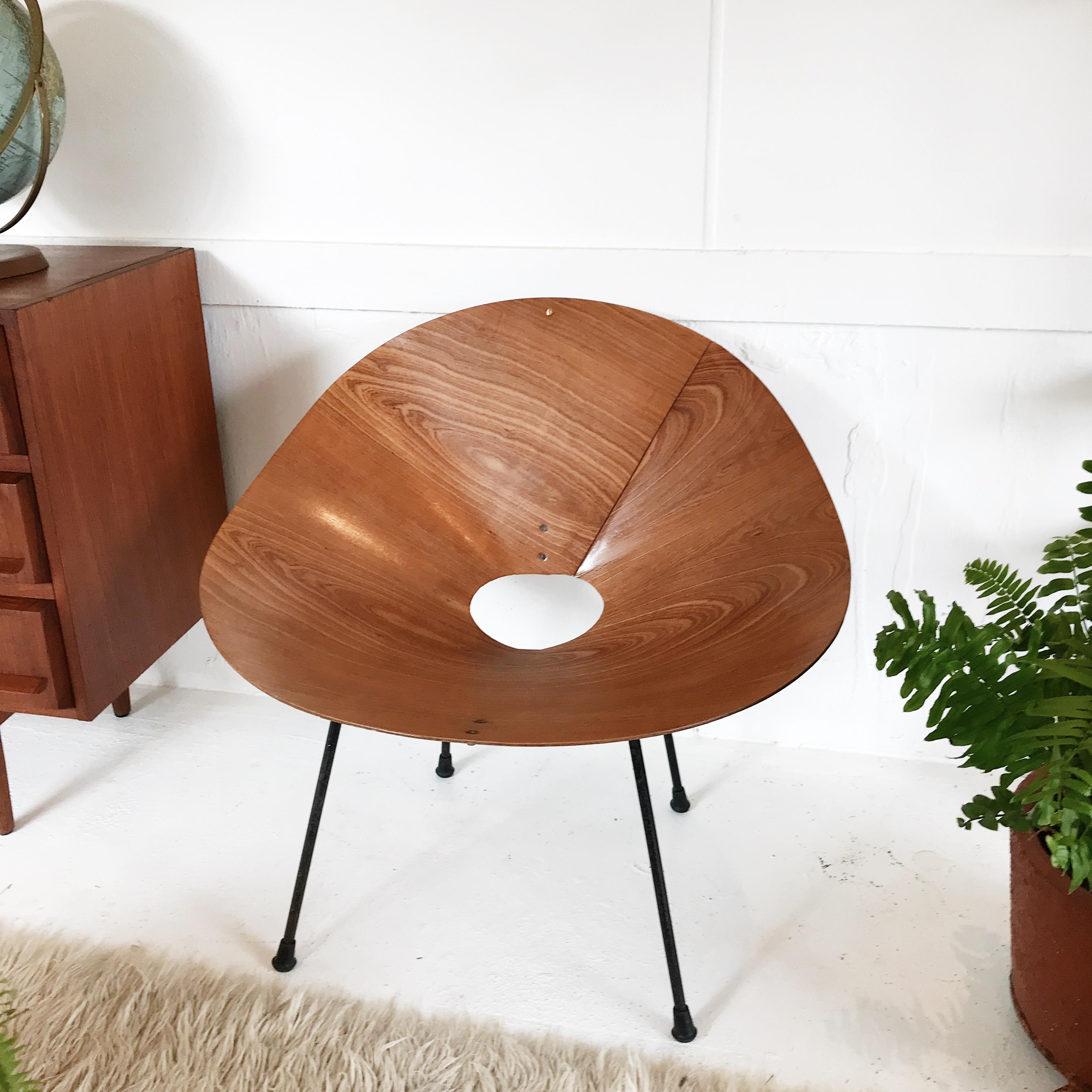 Roger McLay was a true Pioneer in Australian post-war design (and construction) and the Kone chair is by far his most iconic invention. It was made of shaped plywood, which was carefully bent into a cone shape and delicately balanced on four Japan