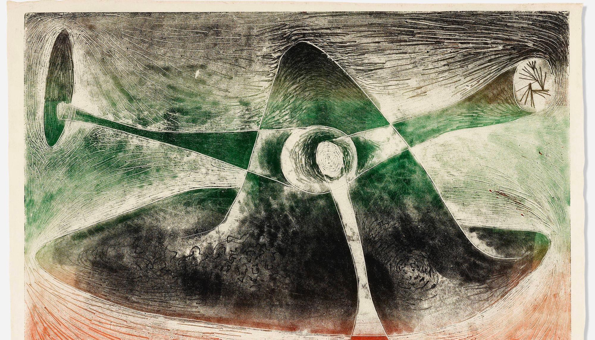 Early Important Harry Bertoia Monotype One of his first works on paper, Monoprint on Rice Raper
Signed to verso ‘HB’. Inscribed to lower right '1264'. Sold with a certificate of authenticity from the Harry Bertoia Foundation.

Literature: Harry