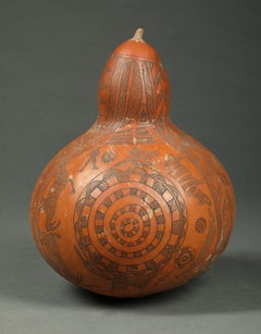 Early Incised Carved Gourd Rattle From Congo Africa Man Zebra Crocodile Rhino