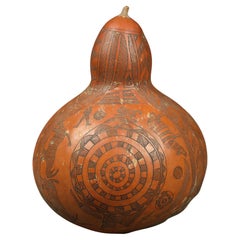 Early Incised Carved Gourd Rattle From Congo Africa Man Zebra Crocodile Rhino