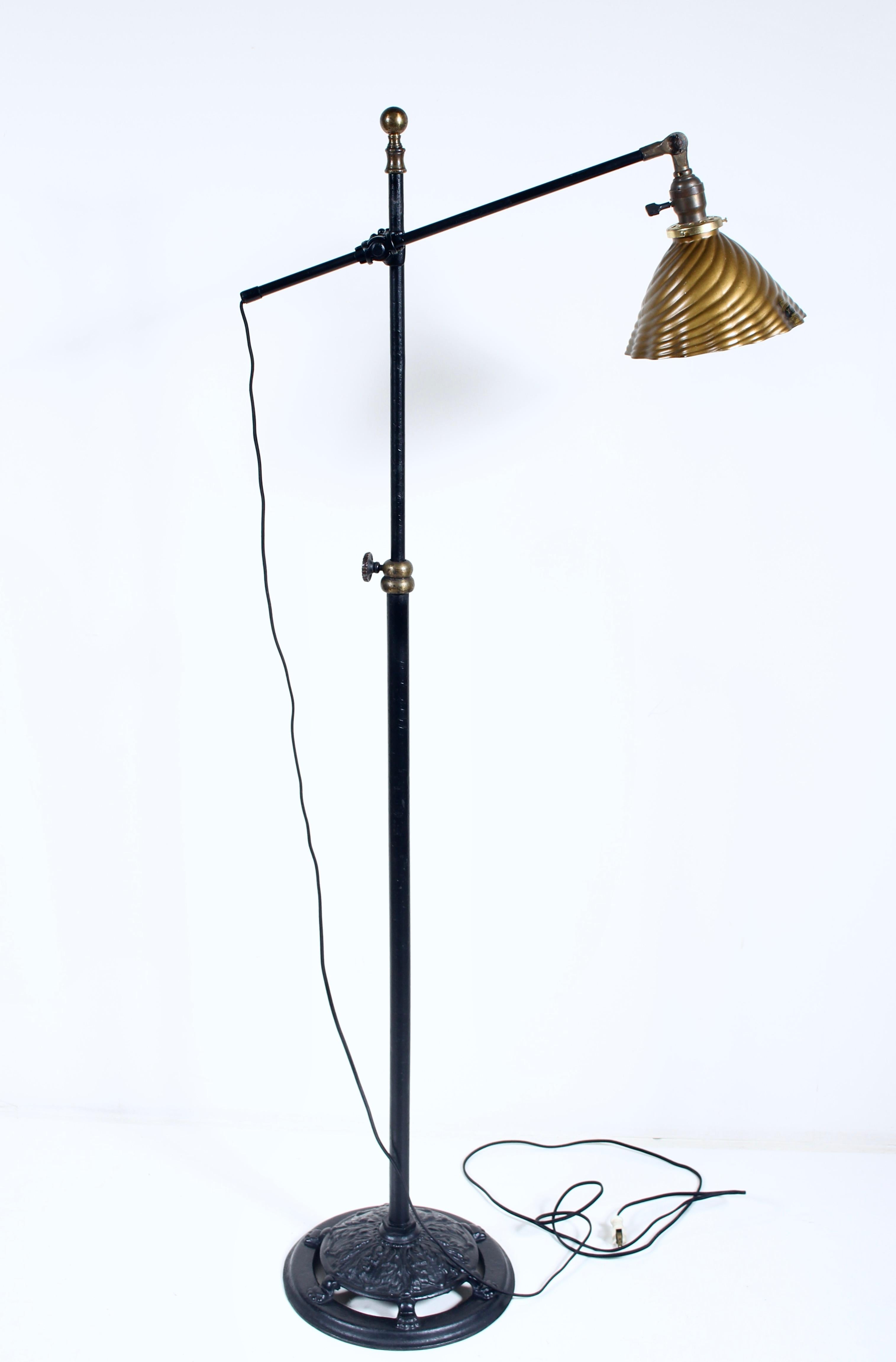 Early Articulating O. C. White Iron Arm & Brass Floor Lamp + Mercury Glass Shade For Sale 4