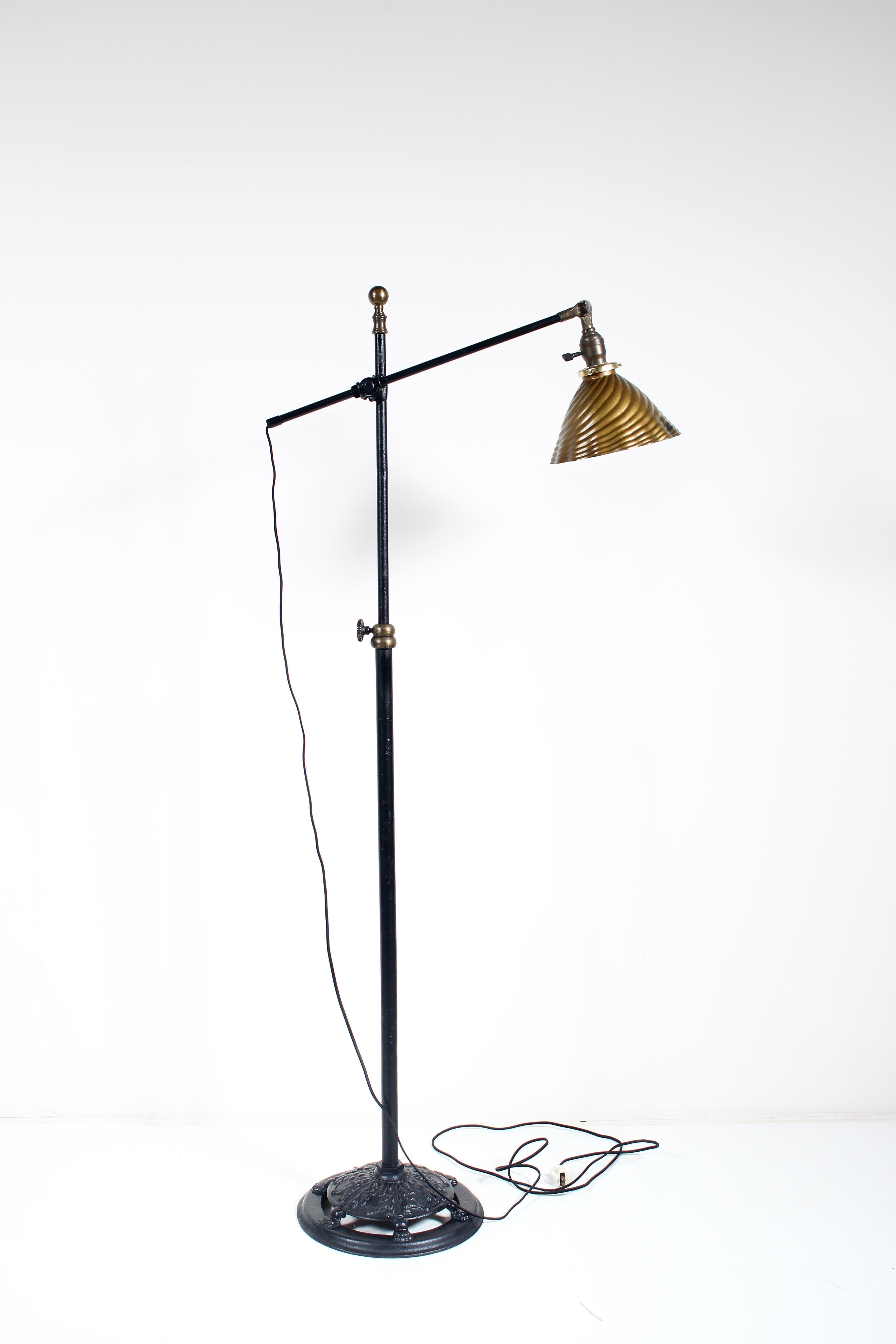 Early Articulating O. C. White Iron Arm & Brass Floor Lamp + Mercury Glass Shade For Sale 5
