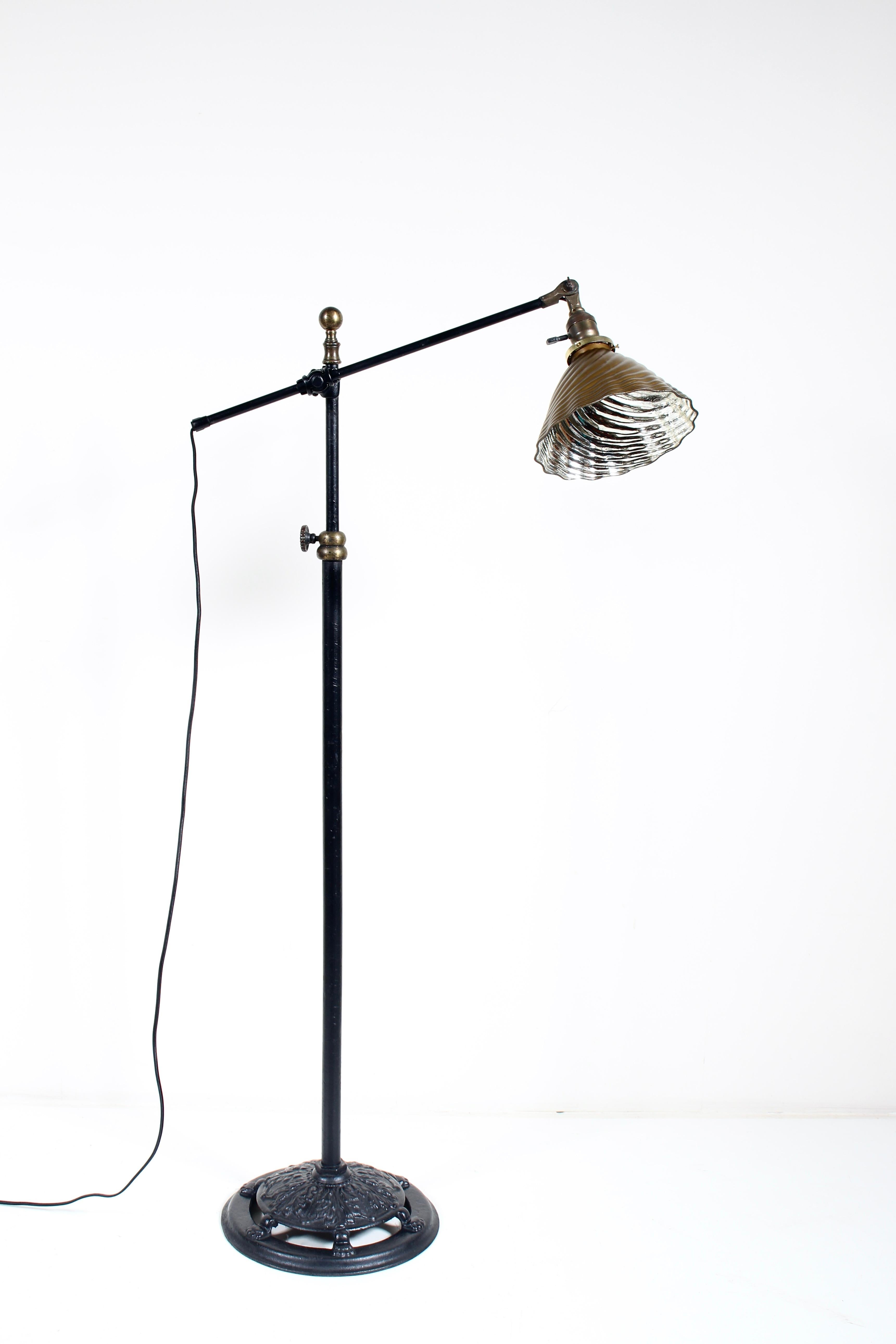 Early Articulating O. C. White Iron Arm & Brass Floor Lamp + Mercury Glass Shade For Sale 10