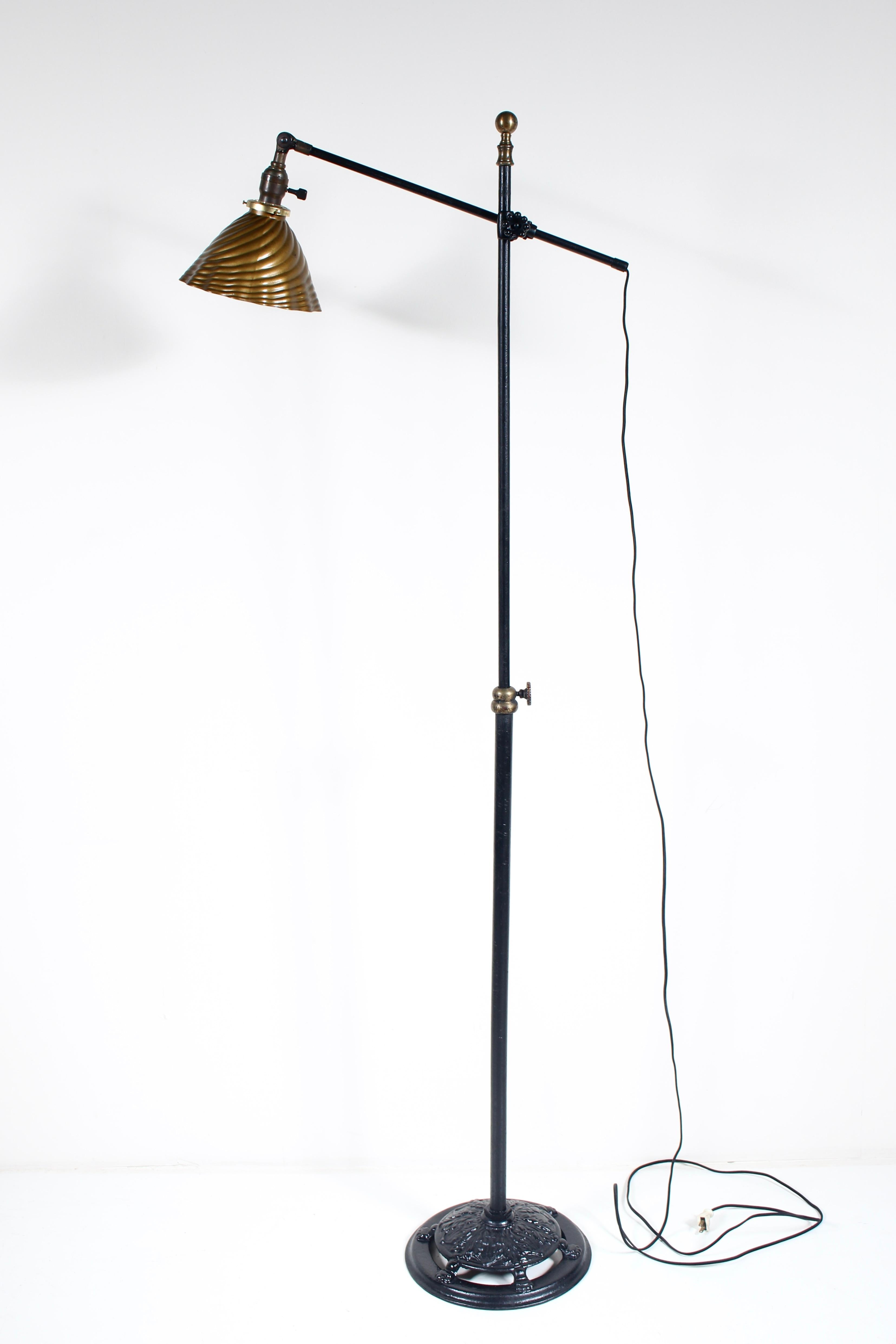 Industrial Early Articulating O. C. White Iron Arm & Brass Floor Lamp + Mercury Glass Shade For Sale