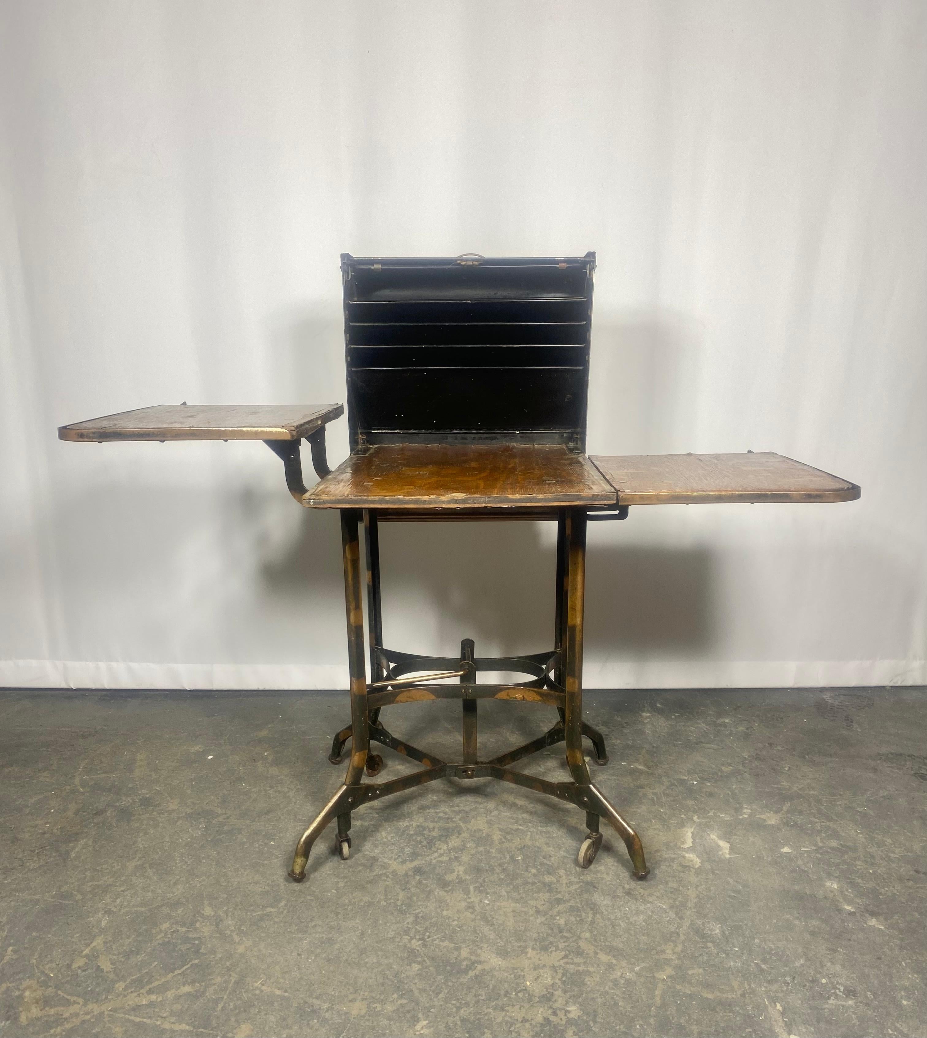 Early Industrial Rolling Desk / Bar by Toledo, Japanning, copper flash  In Good Condition In Buffalo, NY