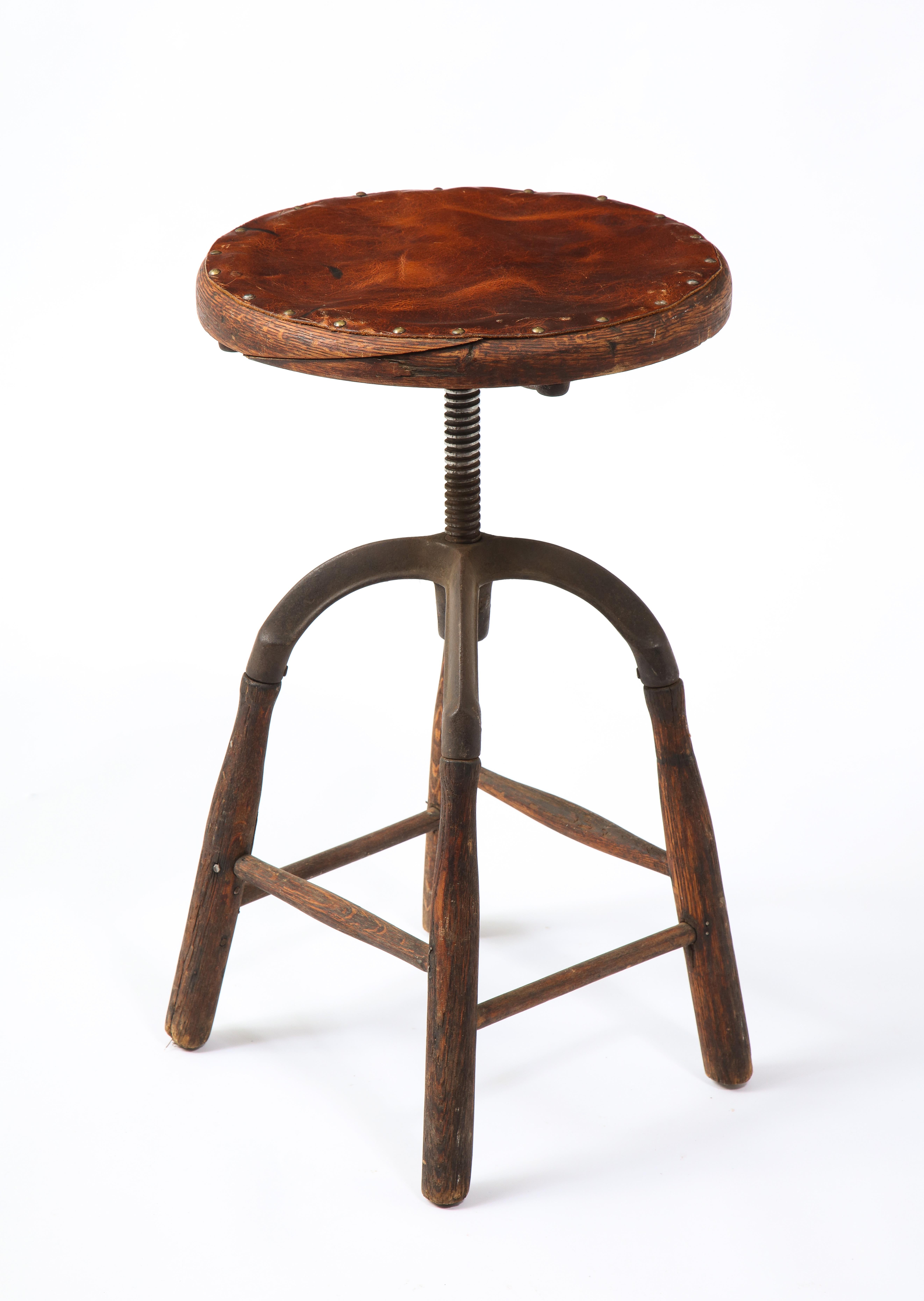 Leather Early Industrial Work Stool, USA, 1940's For Sale