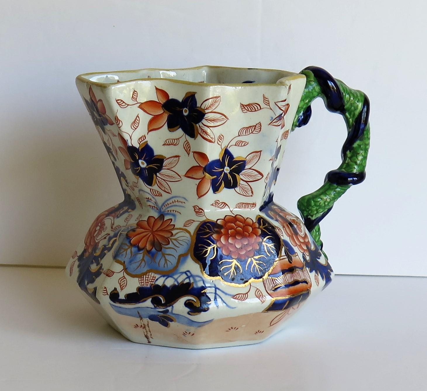 Early Ironstone Jug or Pitcher with Entwined Snake Handle Hand Painted, Ca. 1820 4