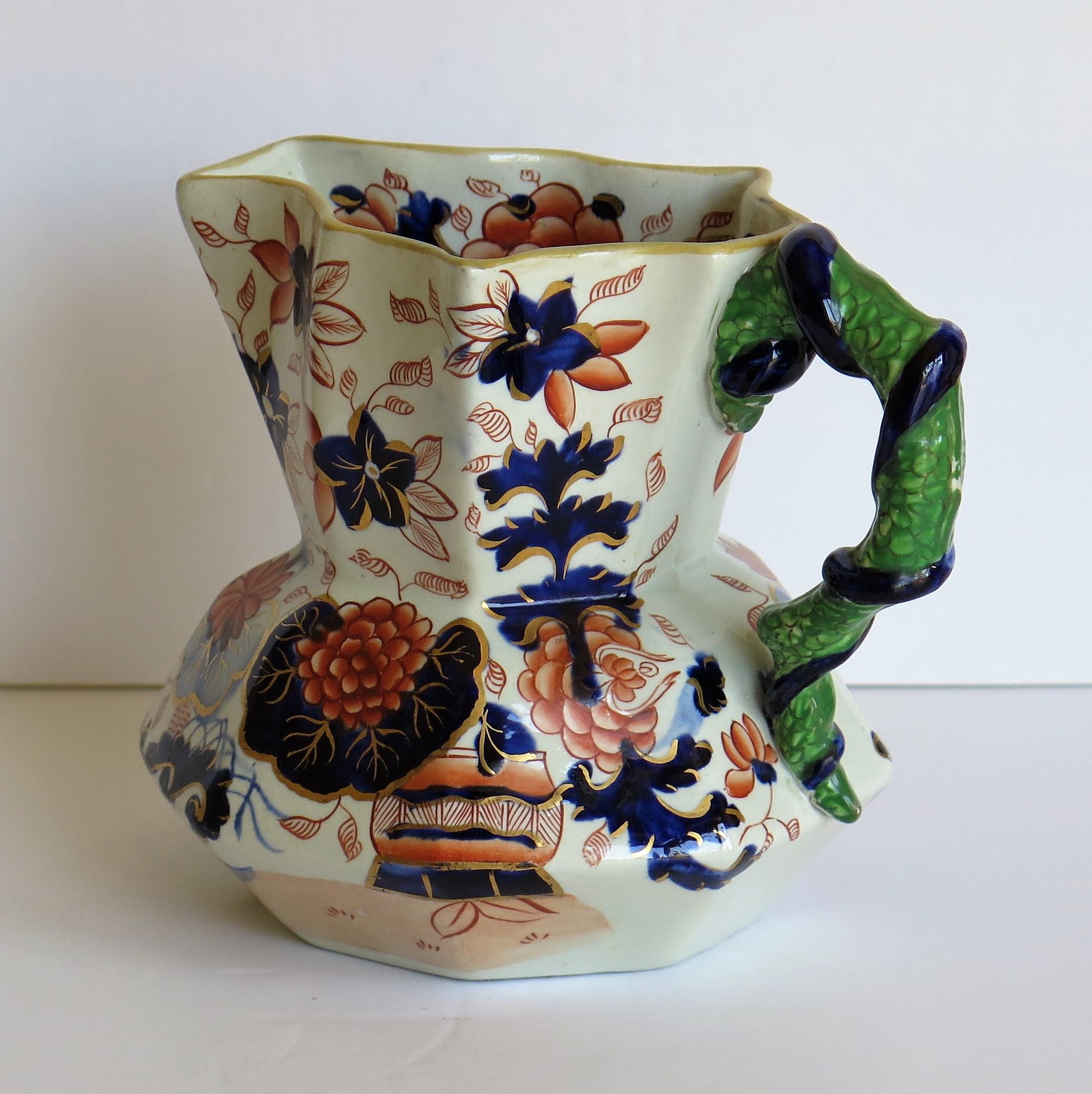 Early Ironstone Jug or Pitcher with Entwined Snake Handle Hand Painted, Ca. 1820 5
