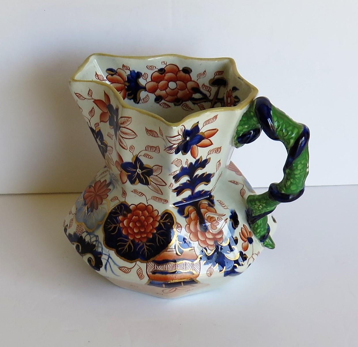 Early Ironstone Jug or Pitcher with Entwined Snake Handle Hand Painted, Ca. 1820 6