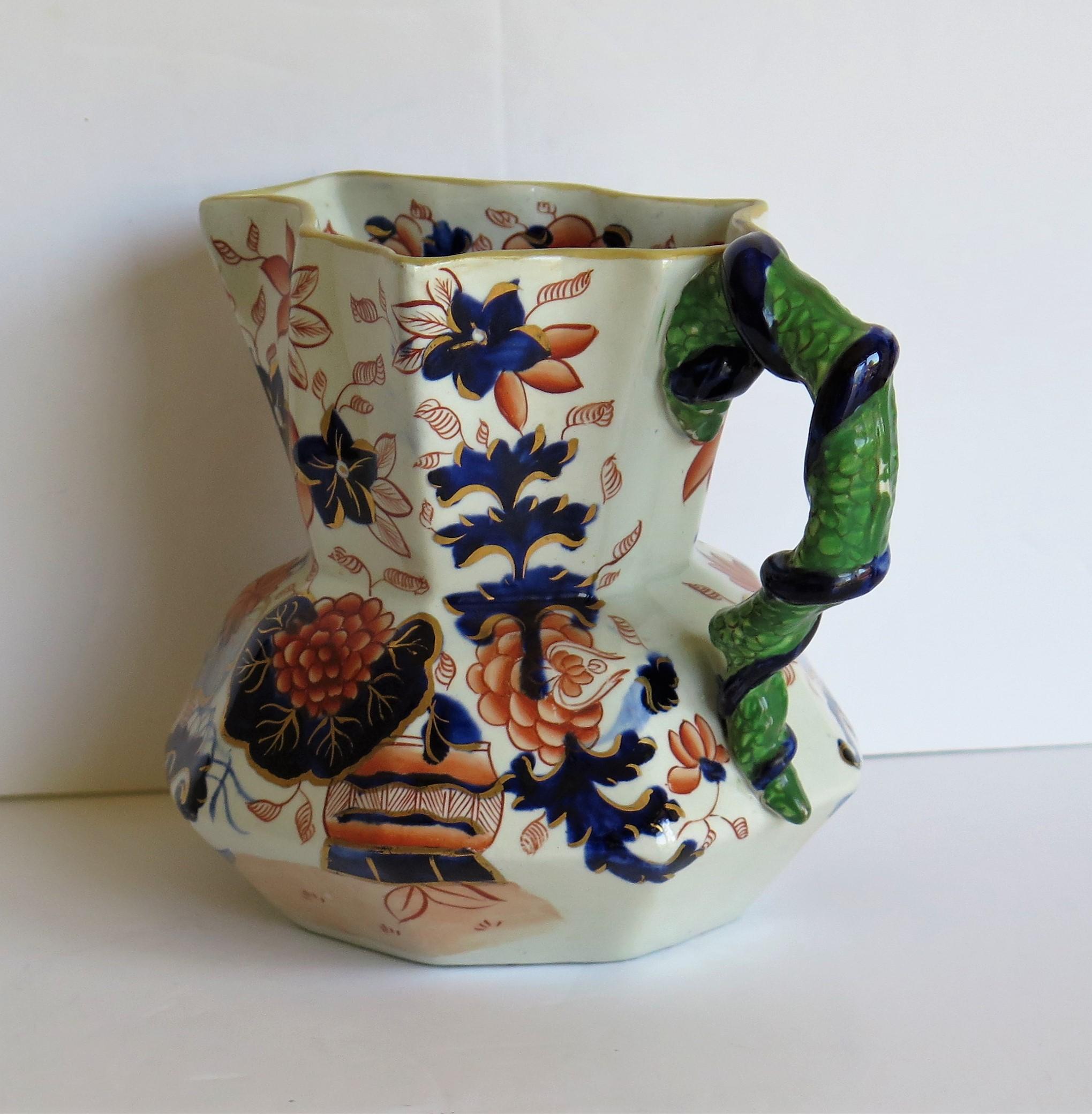 Early Ironstone Jug or Pitcher with Entwined Snake Handle Hand Painted, Ca. 1820 7