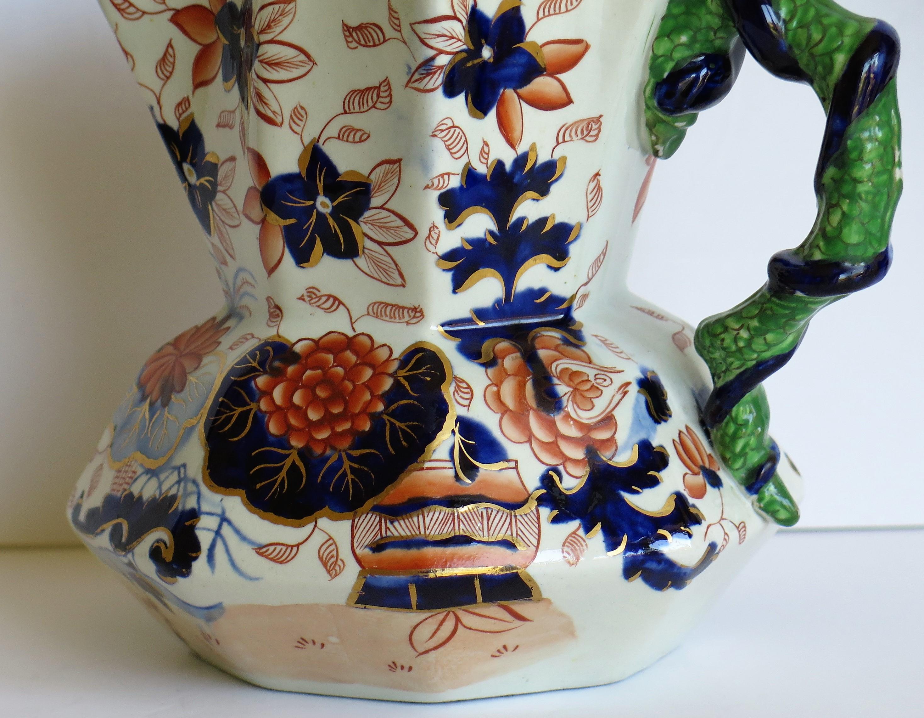 Early Ironstone Jug or Pitcher with Entwined Snake Handle Hand Painted, Ca. 1820 8