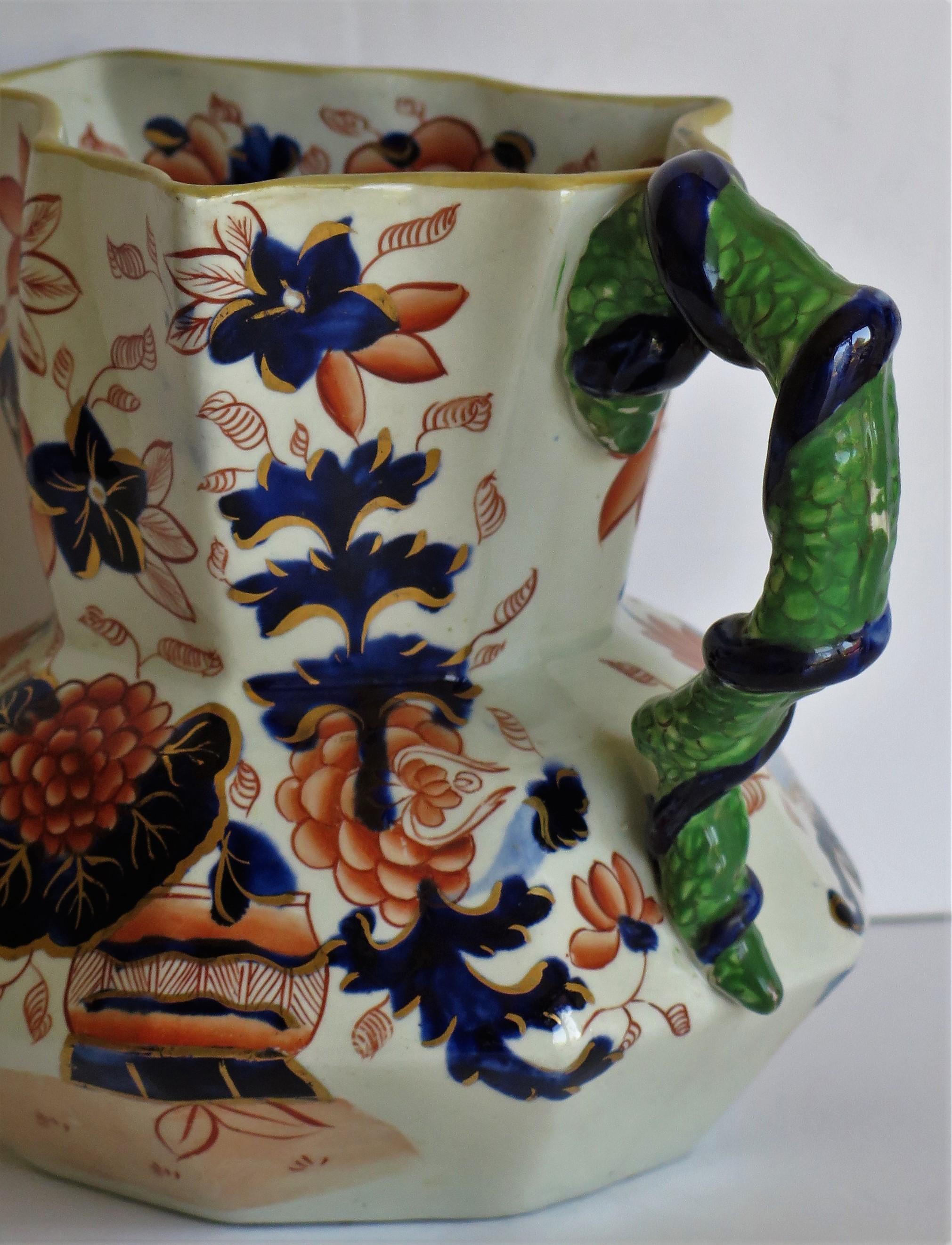 Early Ironstone Jug or Pitcher with Entwined Snake Handle Hand Painted, Ca. 1820 9
