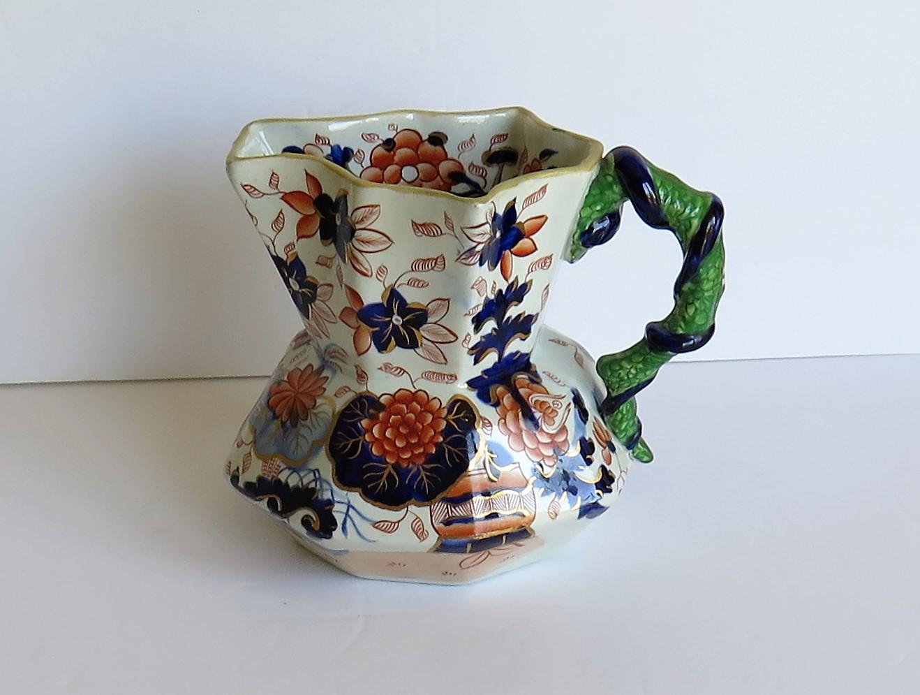 Chinoiserie Early Ironstone Jug or Pitcher with Entwined Snake Handle Hand Painted, Ca. 1820