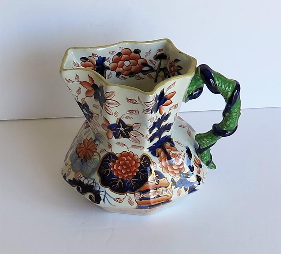English Early Ironstone Jug or Pitcher with Entwined Snake Handle Hand Painted, Ca. 1820