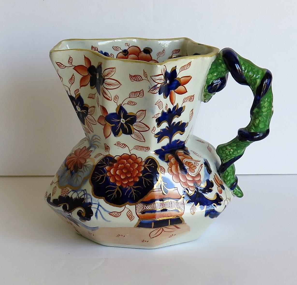 Hand-Painted Early Ironstone Jug or Pitcher with Entwined Snake Handle Hand Painted, Ca. 1820