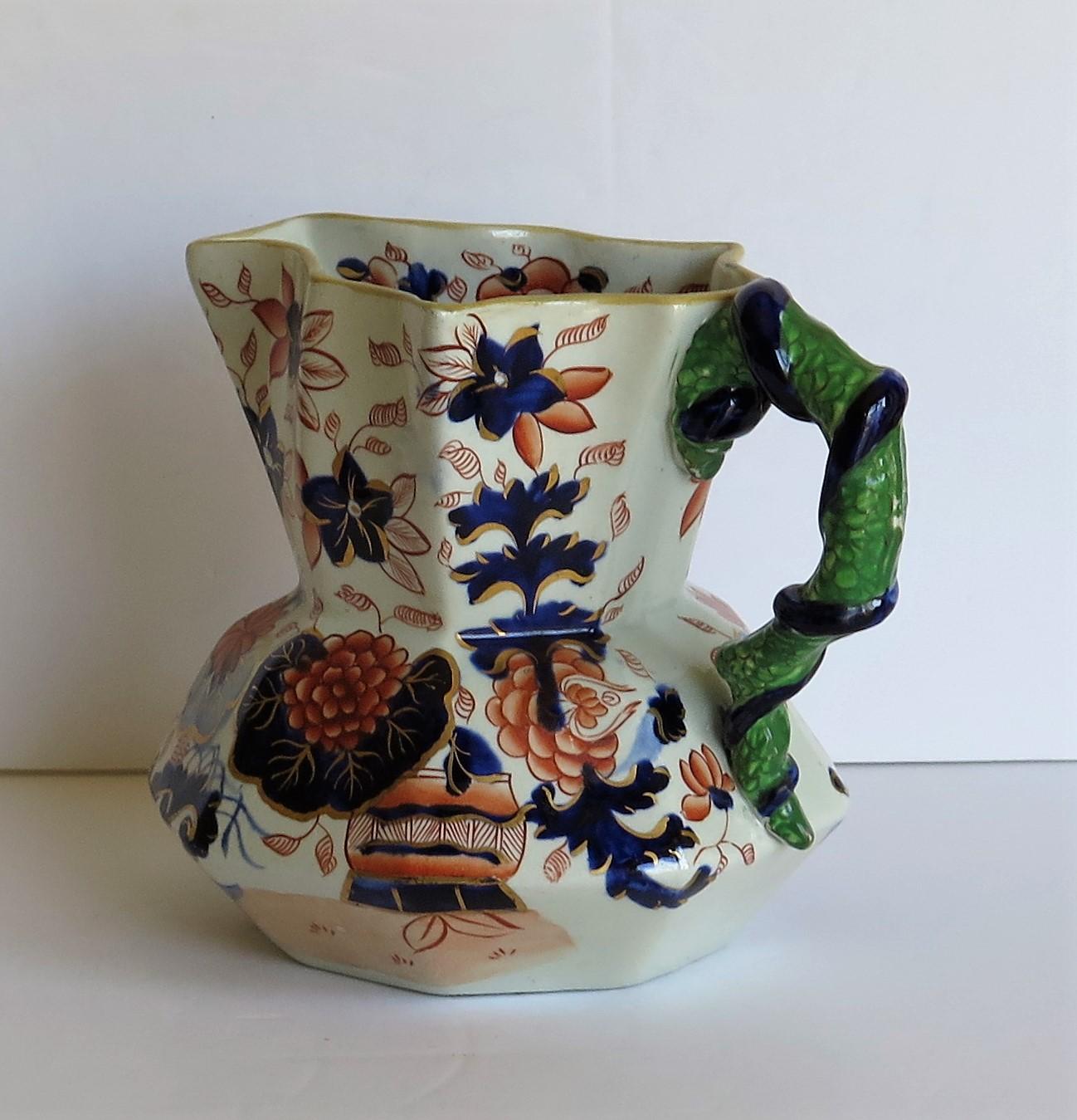 Early Ironstone Jug or Pitcher with Entwined Snake Handle Hand Painted, Ca. 1820 In Good Condition In Lincoln, Lincolnshire