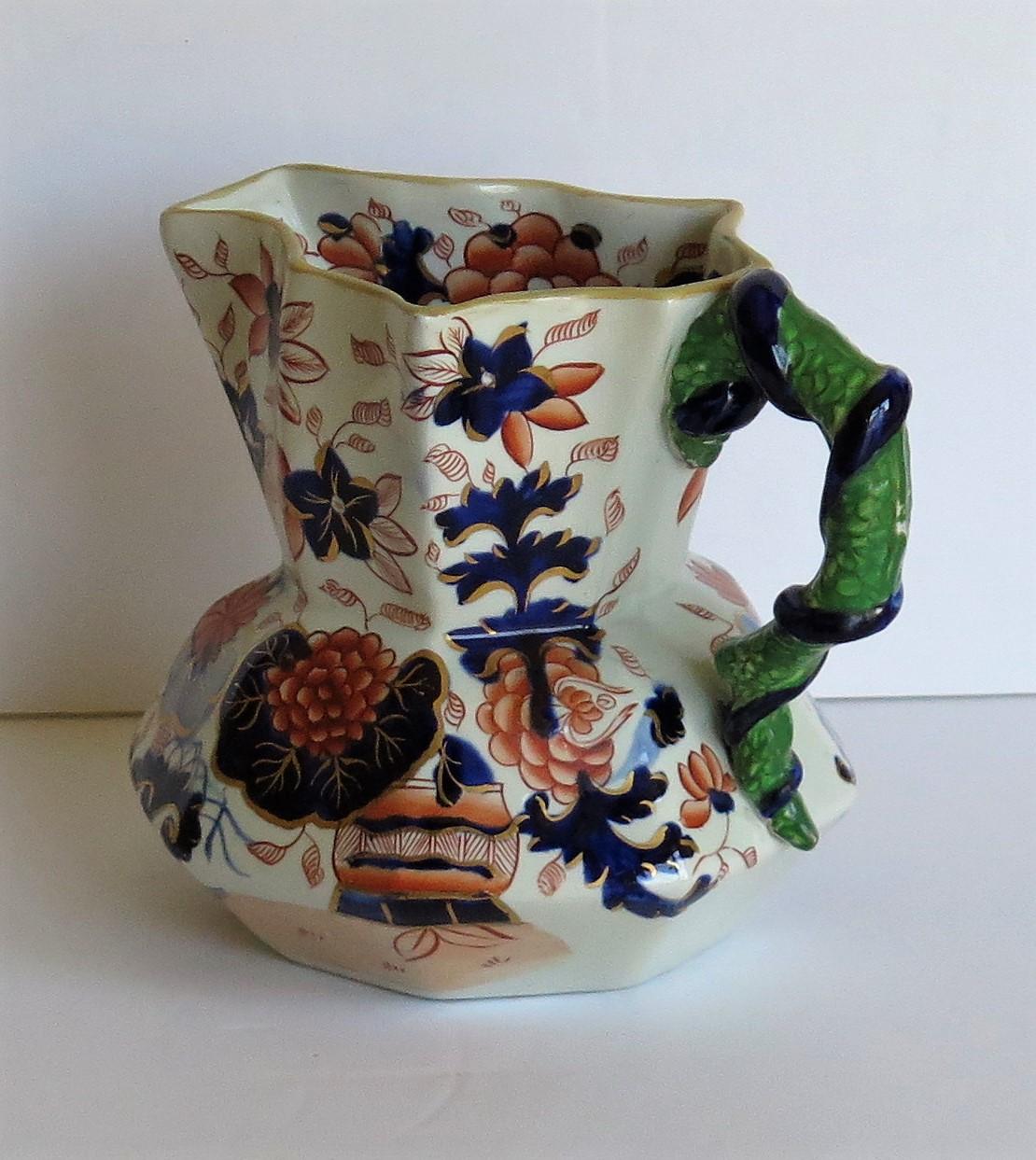 19th Century Early Ironstone Jug or Pitcher with Entwined Snake Handle Hand Painted, Ca. 1820