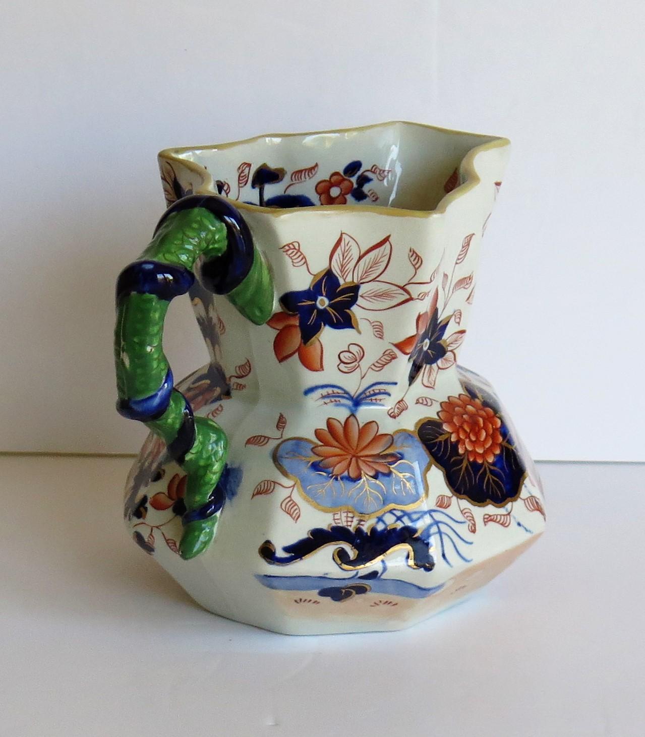 Early Ironstone Jug or Pitcher with Entwined Snake Handle Hand Painted, Ca. 1820 1