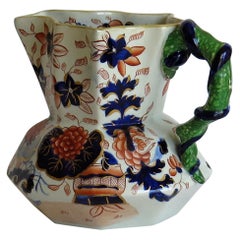 Antique Early Ironstone Jug or Pitcher with Entwined Snake Handle Hand Painted, Ca. 1820