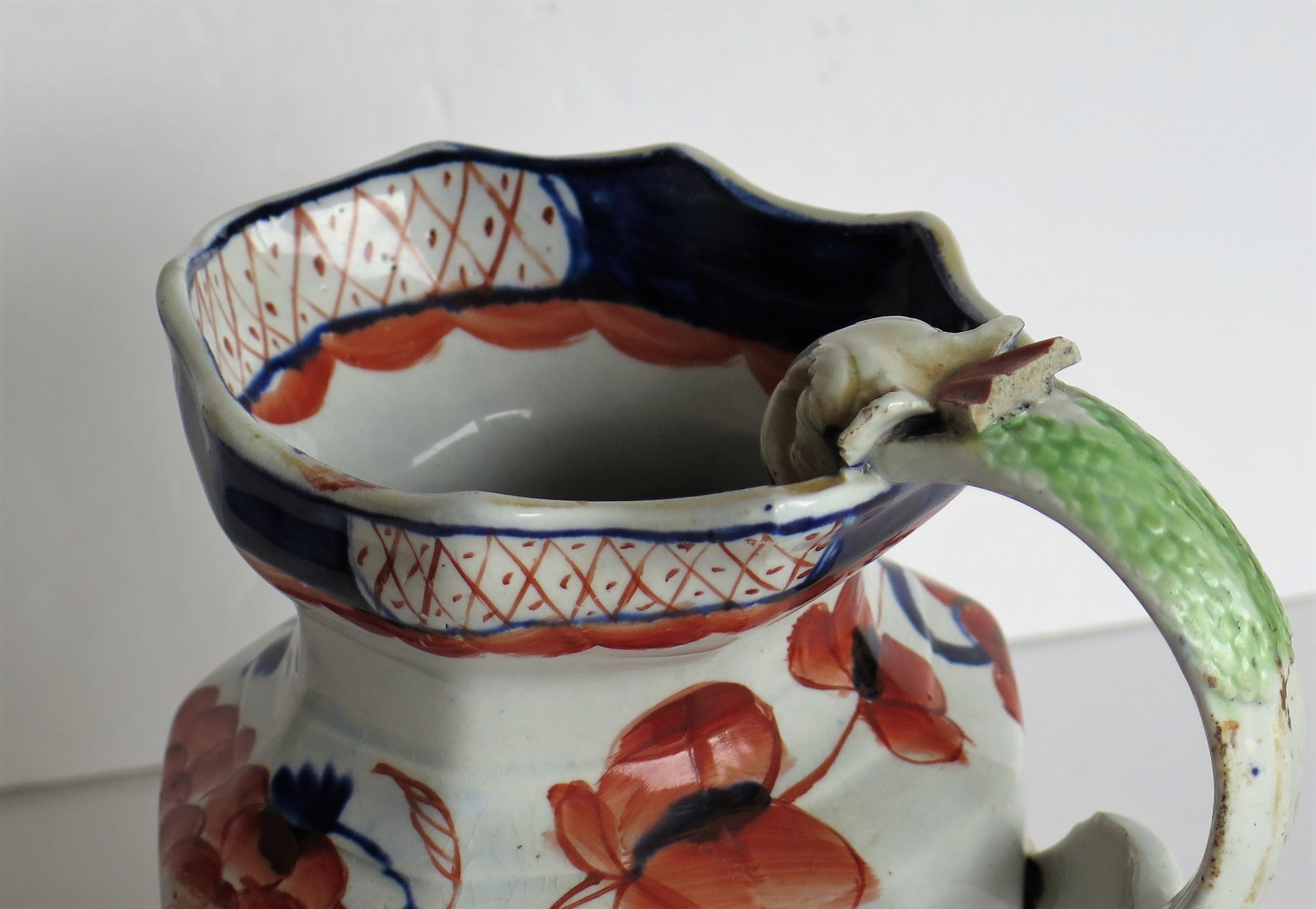 Early Ironstone Jug with Dragon Handle Hand Painted, Staffordshire, circa 1820 8