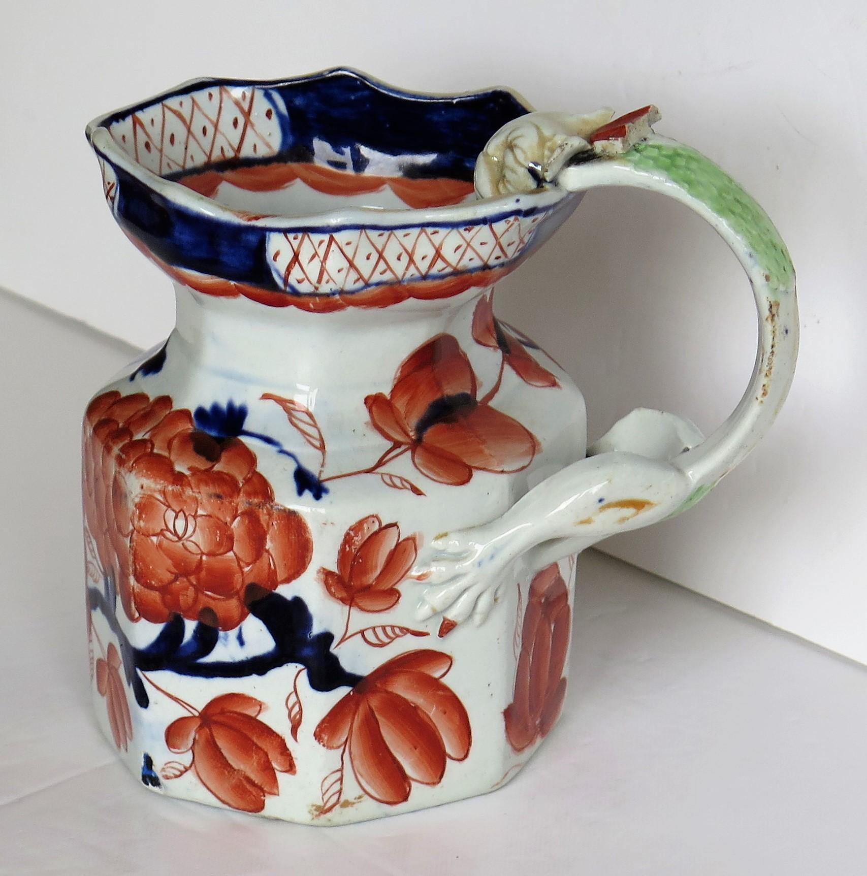 Hand-Painted Early Ironstone Jug with Dragon Handle Hand Painted, Staffordshire, circa 1820
