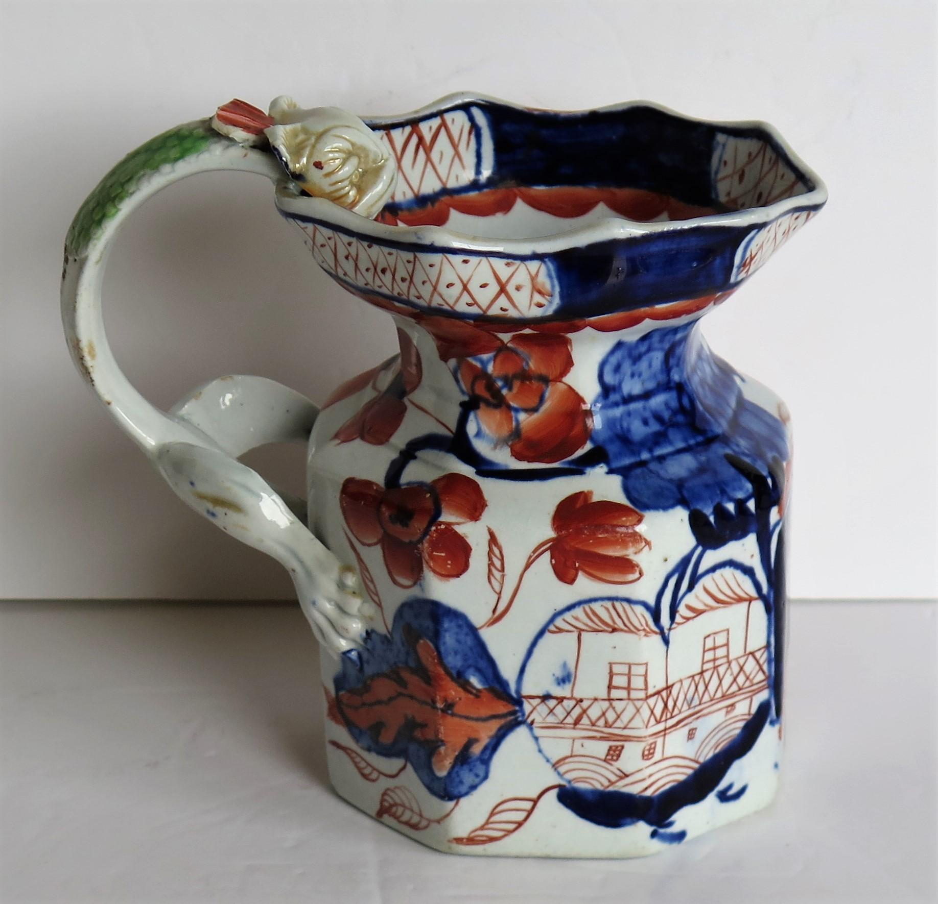19th Century Early Ironstone Jug with Dragon Handle Hand Painted, Staffordshire, circa 1820