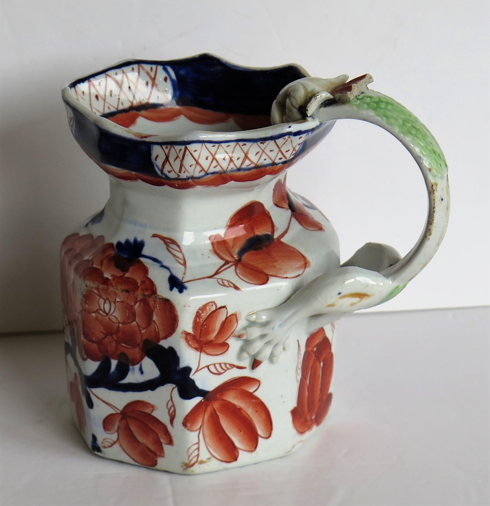 Early Ironstone Jug with Dragon Handle Hand Painted, Staffordshire, circa 1820 2